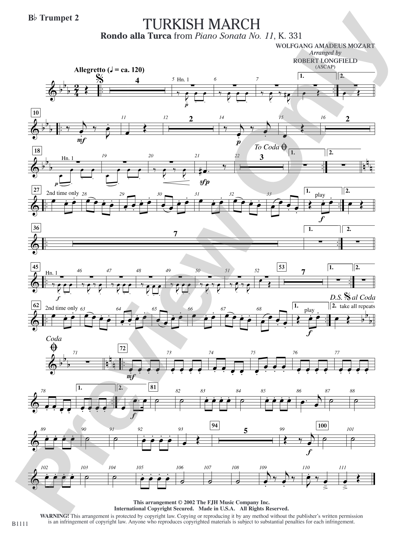 Turkish March (Rondo alla Turca): B-flat Trumpet 2