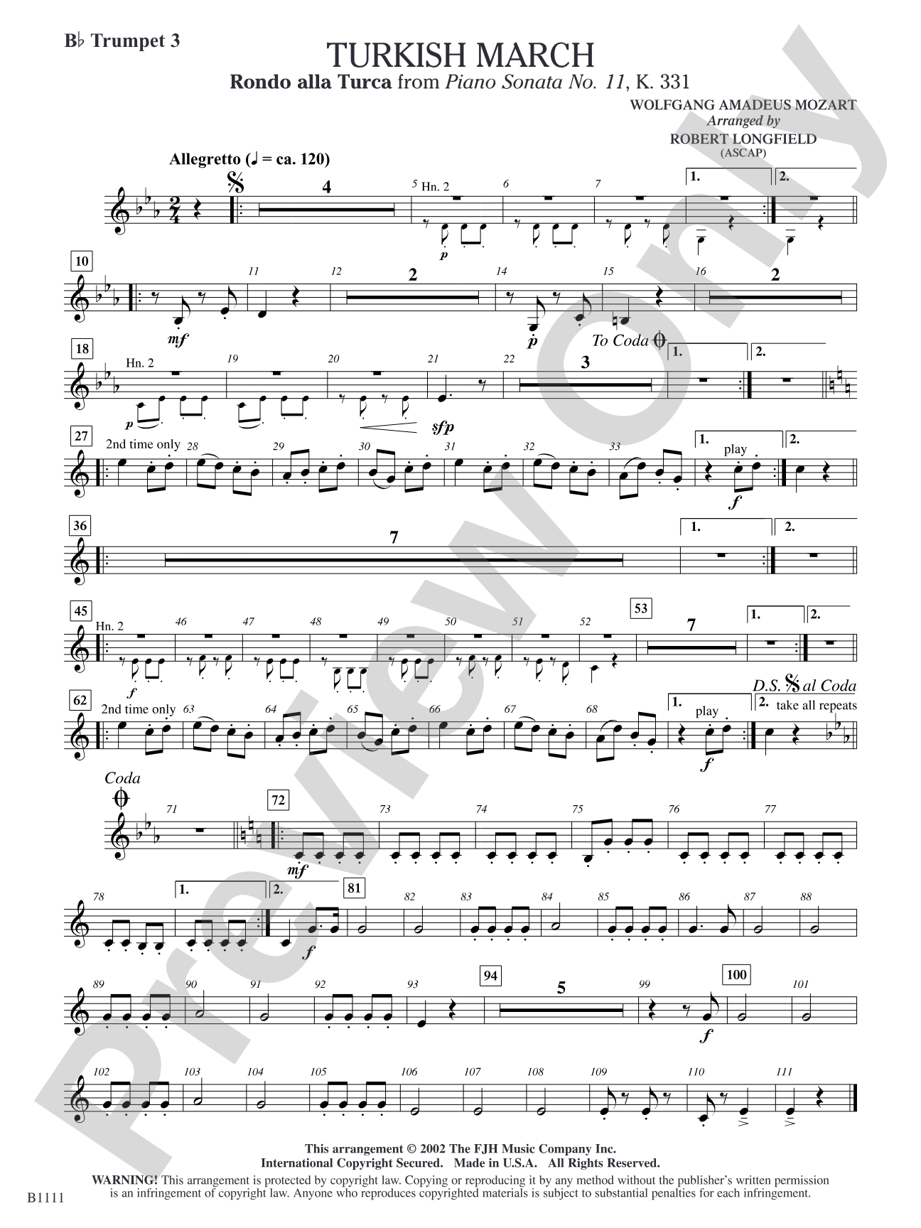 Turkish March (Rondo alla Turca): B-flat Trumpet 3