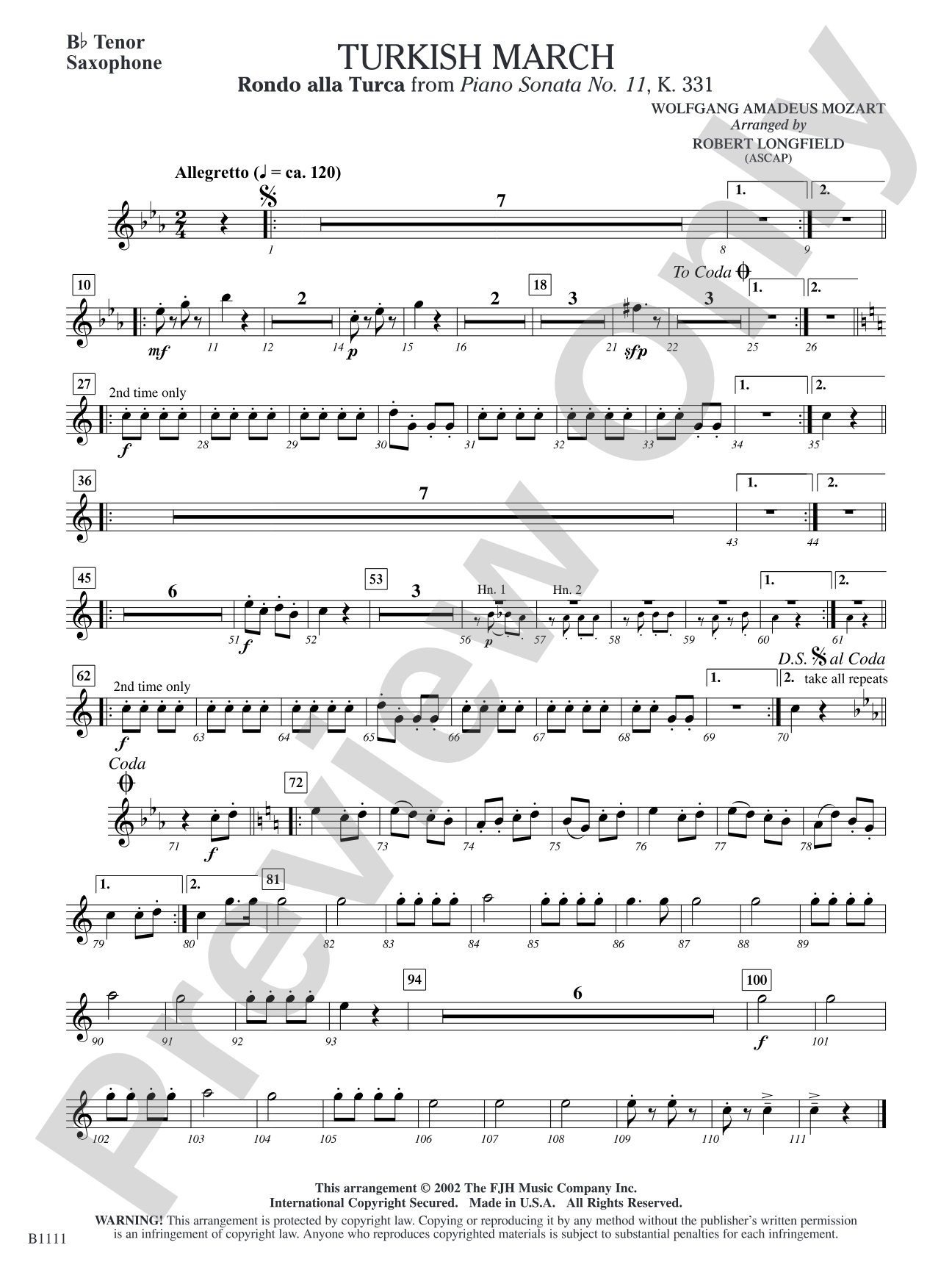Turkish March (Rondo alla Turca): B-flat Tenor Saxophone