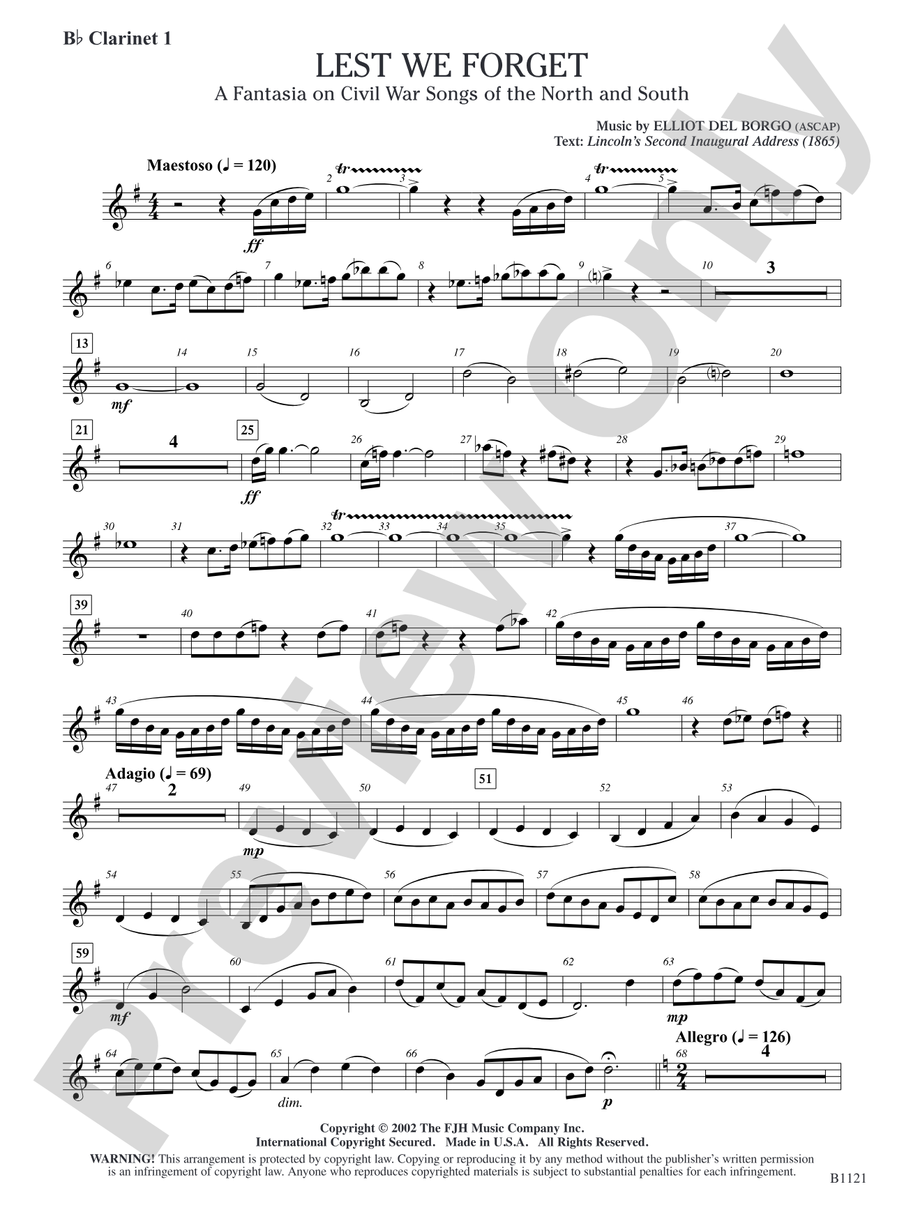 Lest We Forget (A Fantasia on Civil War Songs of the North and South): B-flat Clarinet 1