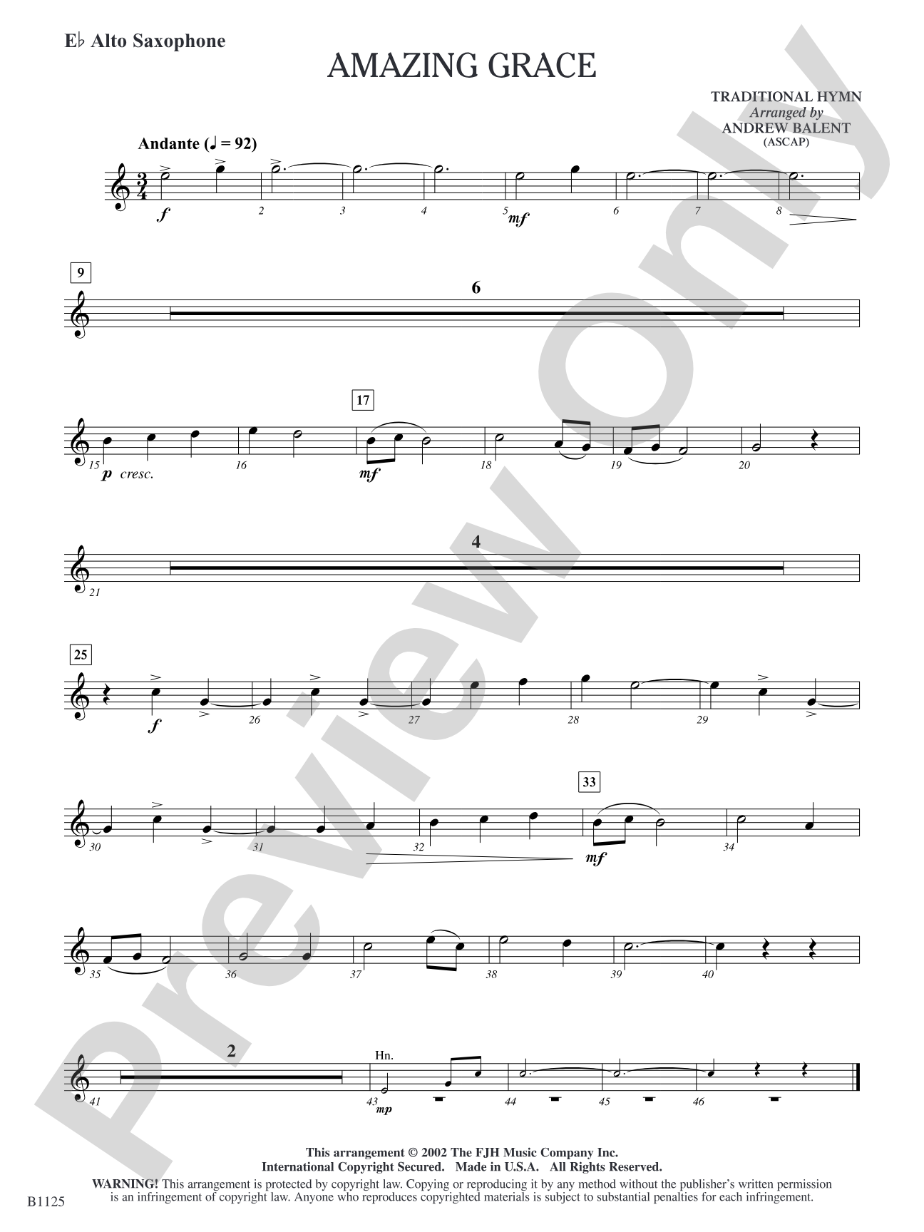 Amazing Grace: E-flat Alto Saxophone