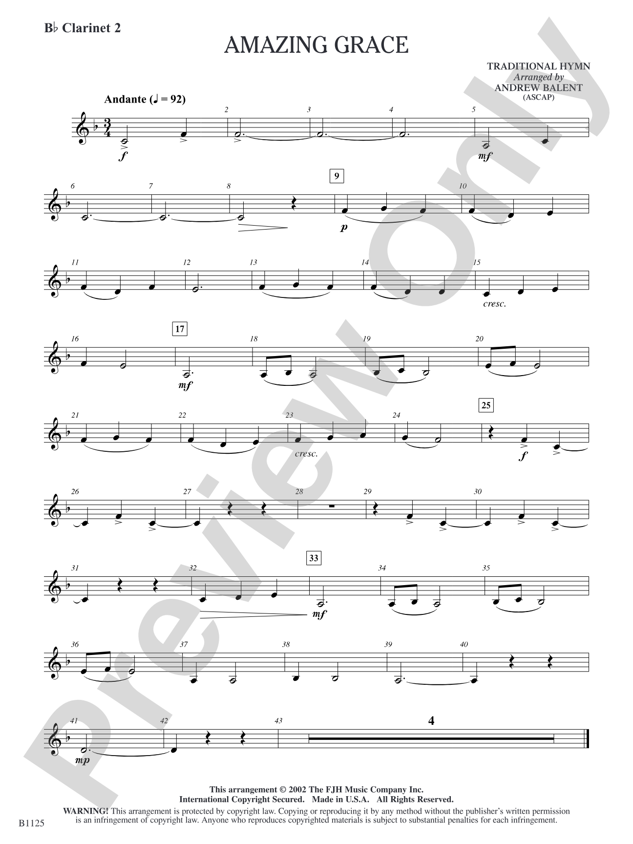 Amazing Grace: B-flat Clarinet 2