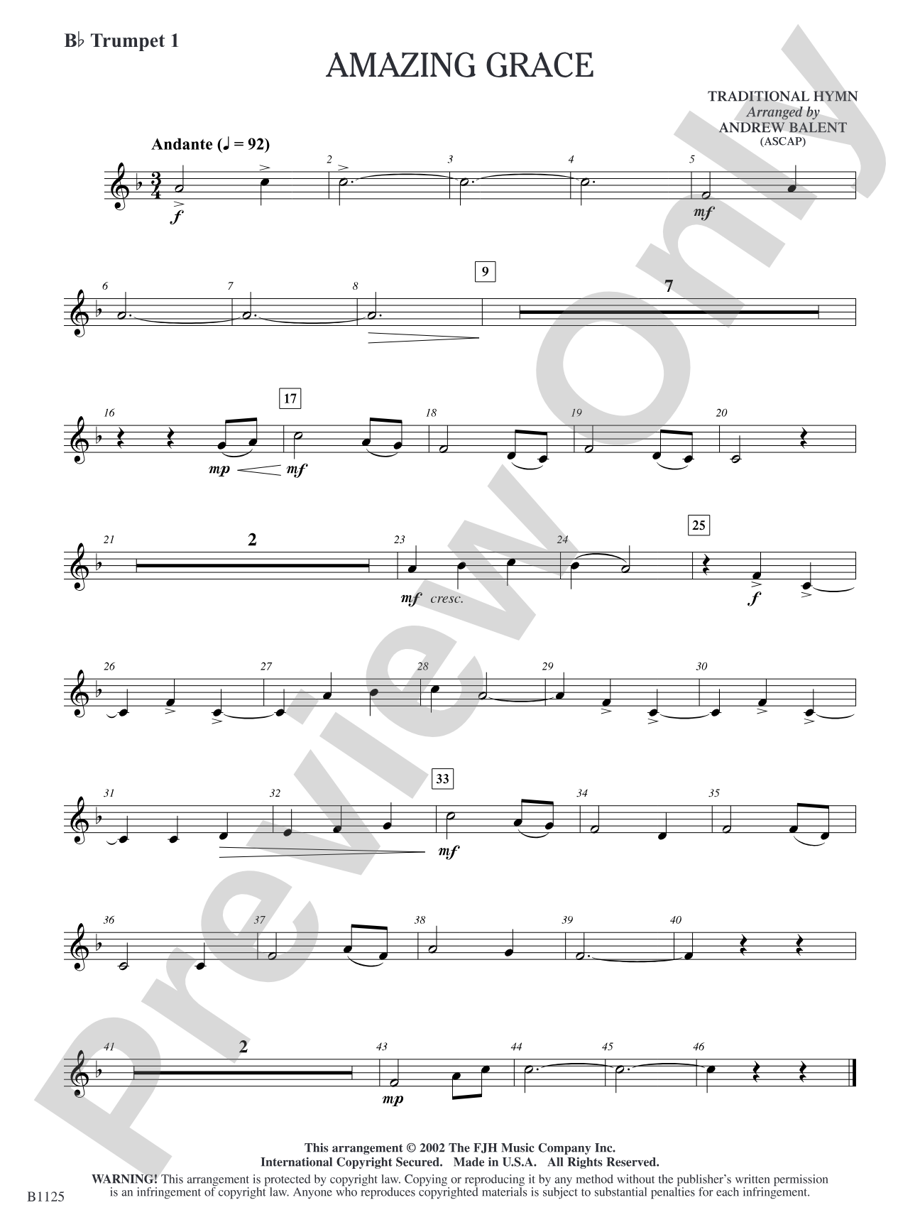 Amazing Grace: B-flat Trumpet 1