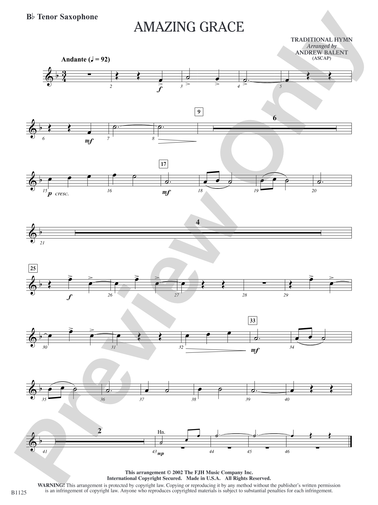 Amazing Grace: B-flat Tenor Saxophone