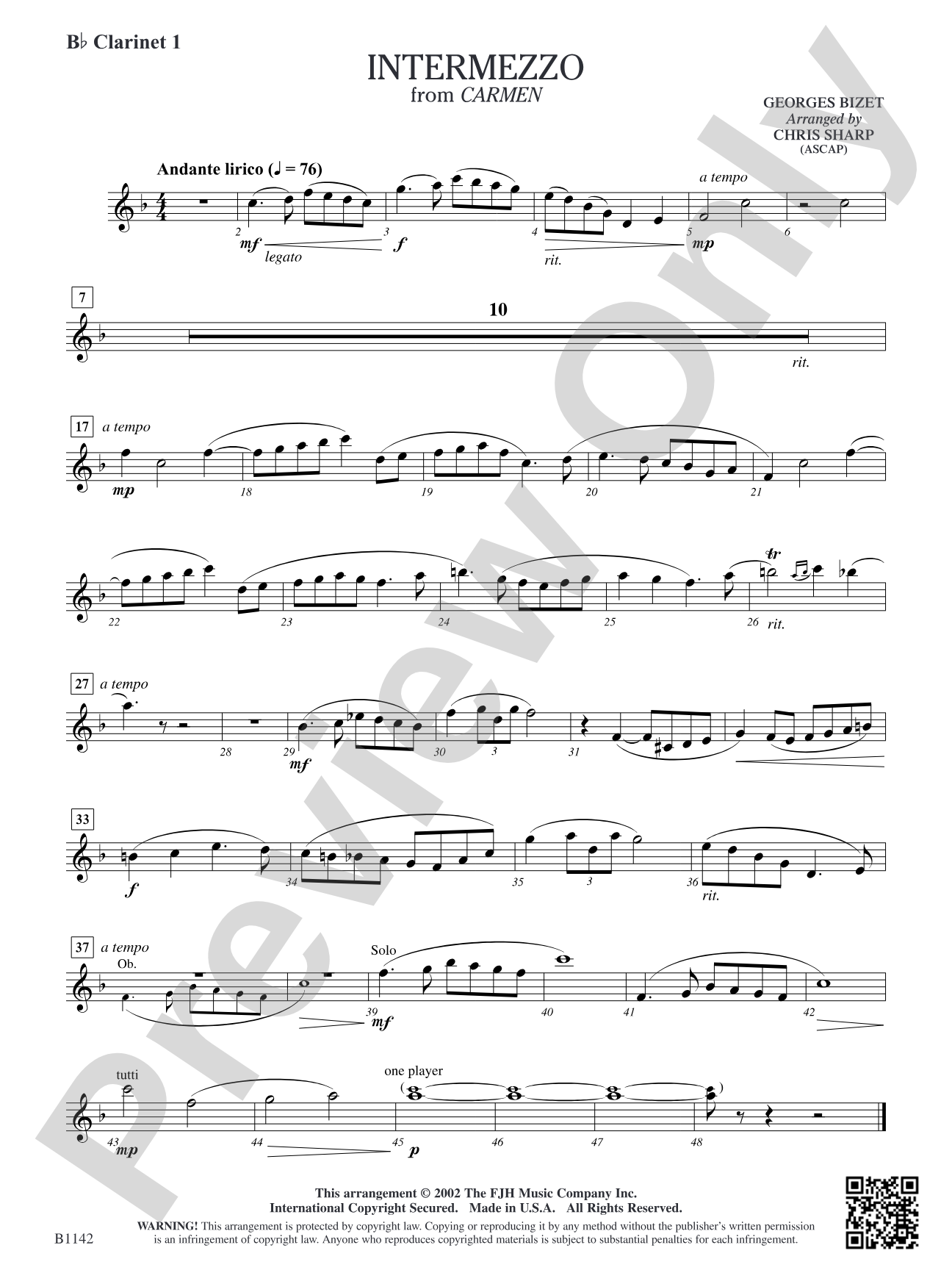 Intermezzo (from Georges Bizet's opera Carmen): B-flat Clarinet 1