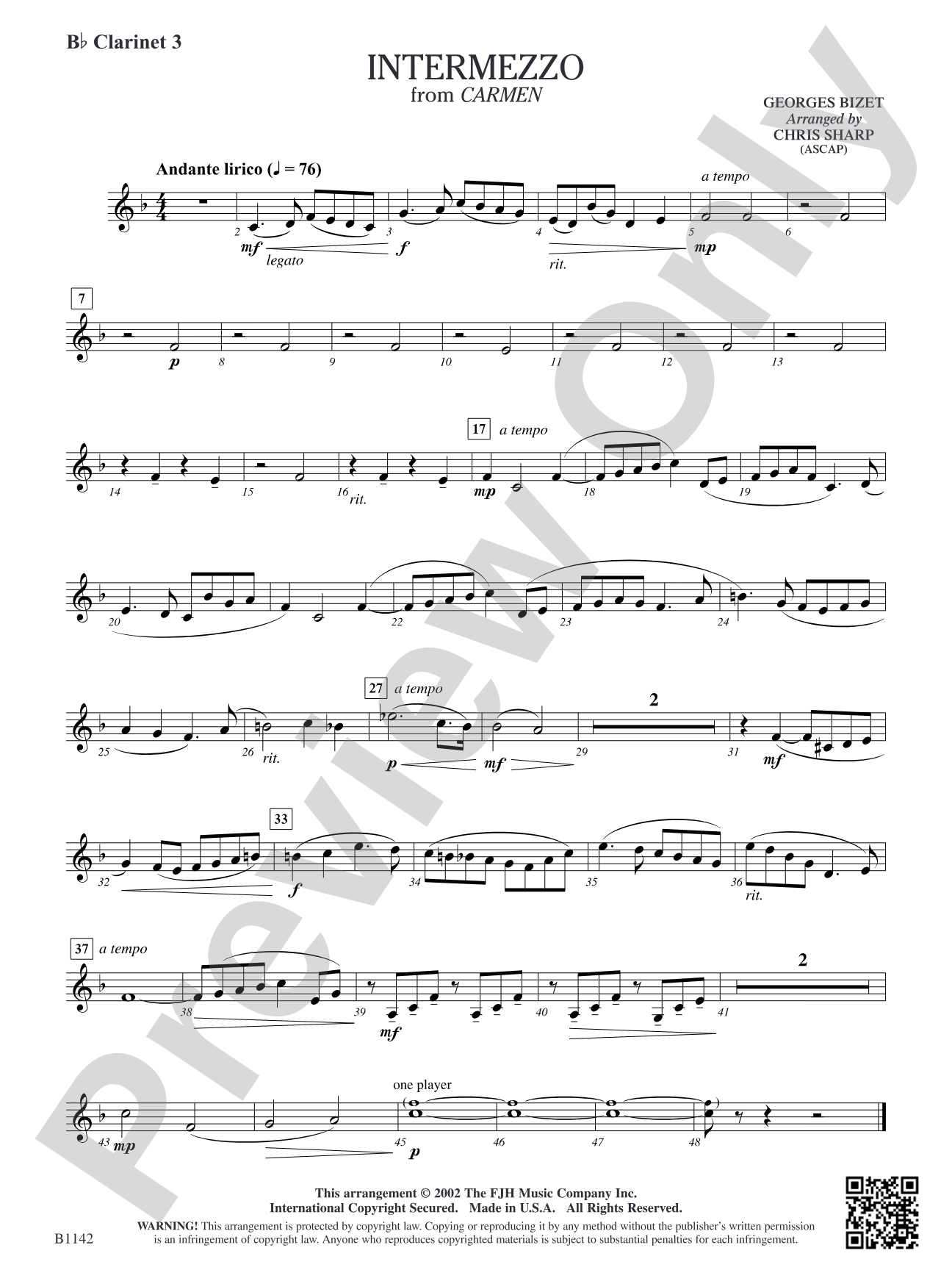 Intermezzo (from Georges Bizet's opera Carmen): B-flat Clarinet 3