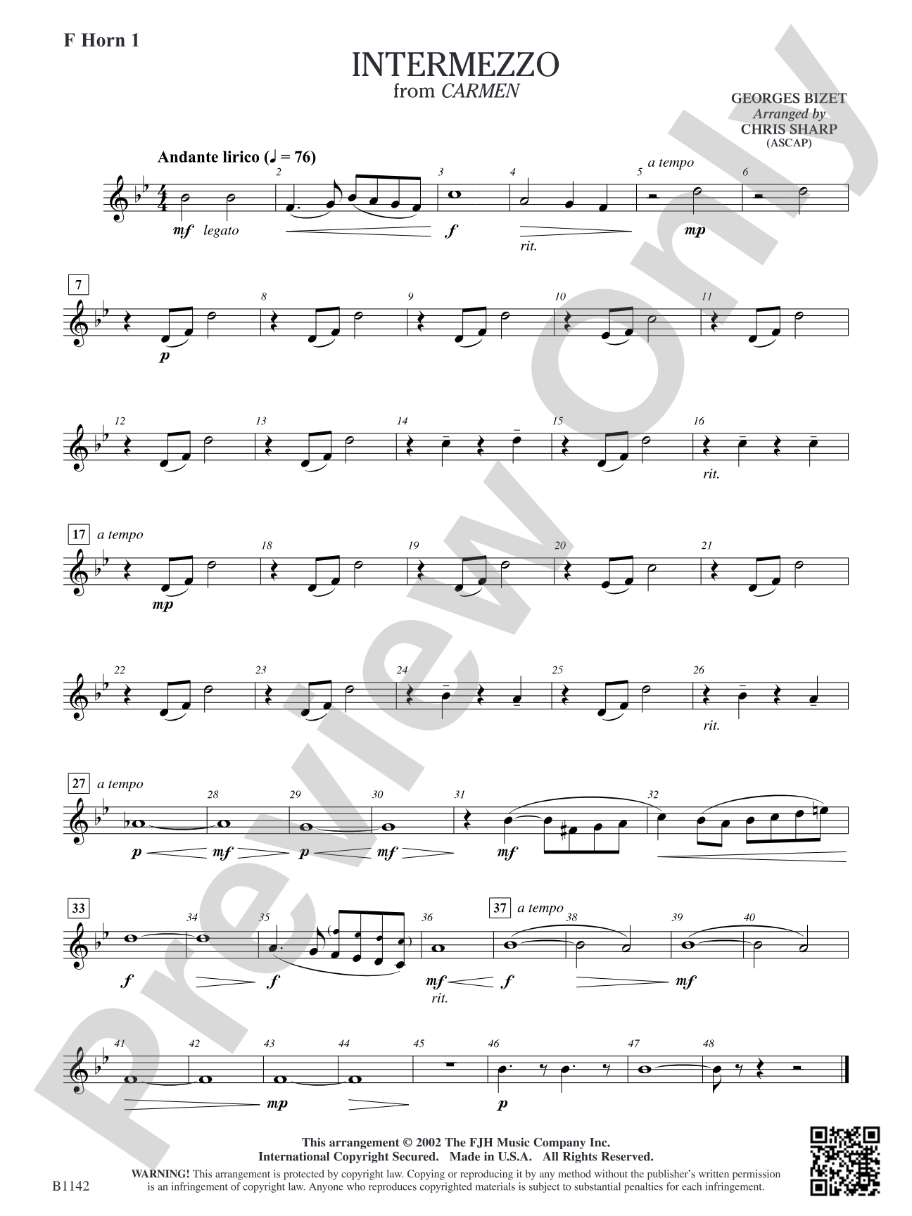 Intermezzo (from Georges Bizet's opera Carmen): F Horn 1