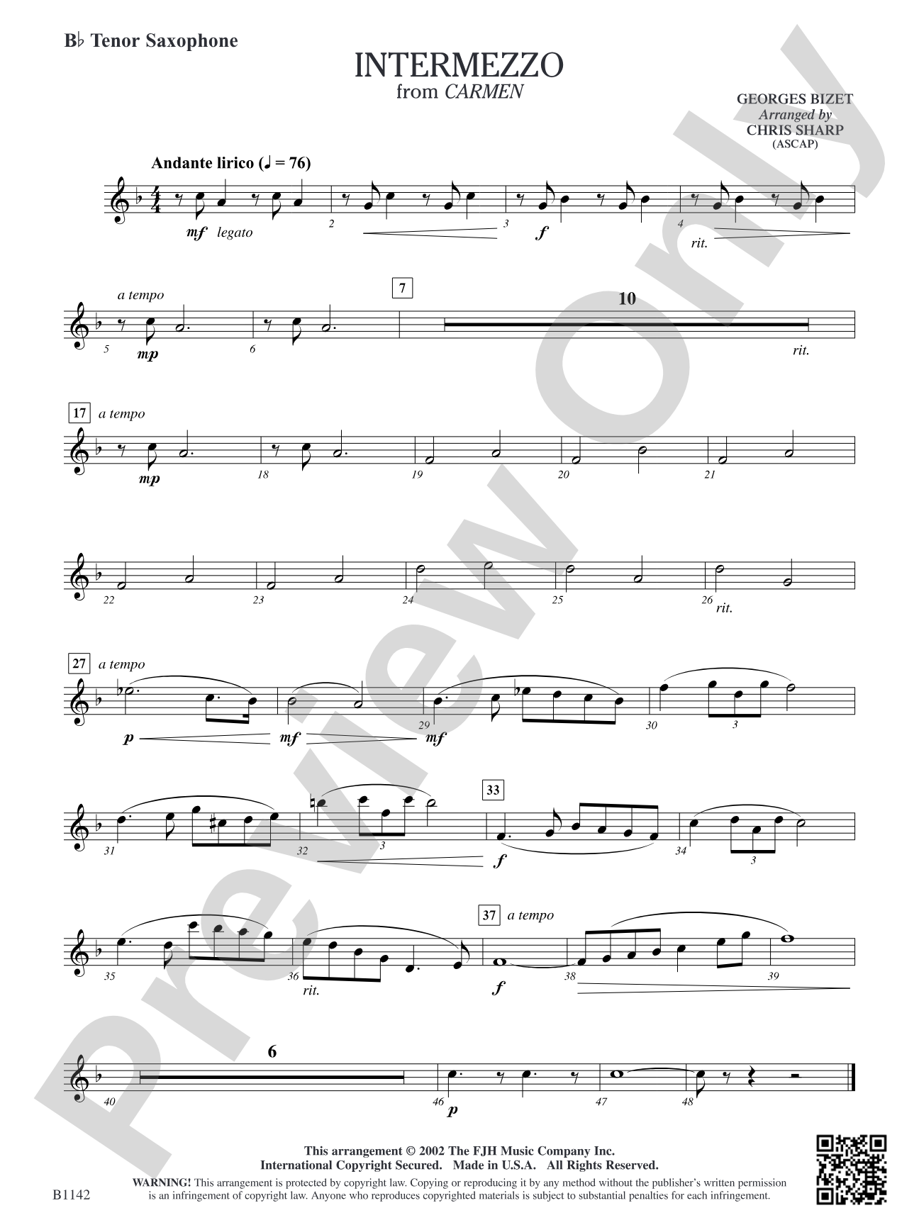 Intermezzo (from Georges Bizet's opera Carmen): B-flat Tenor Saxophone