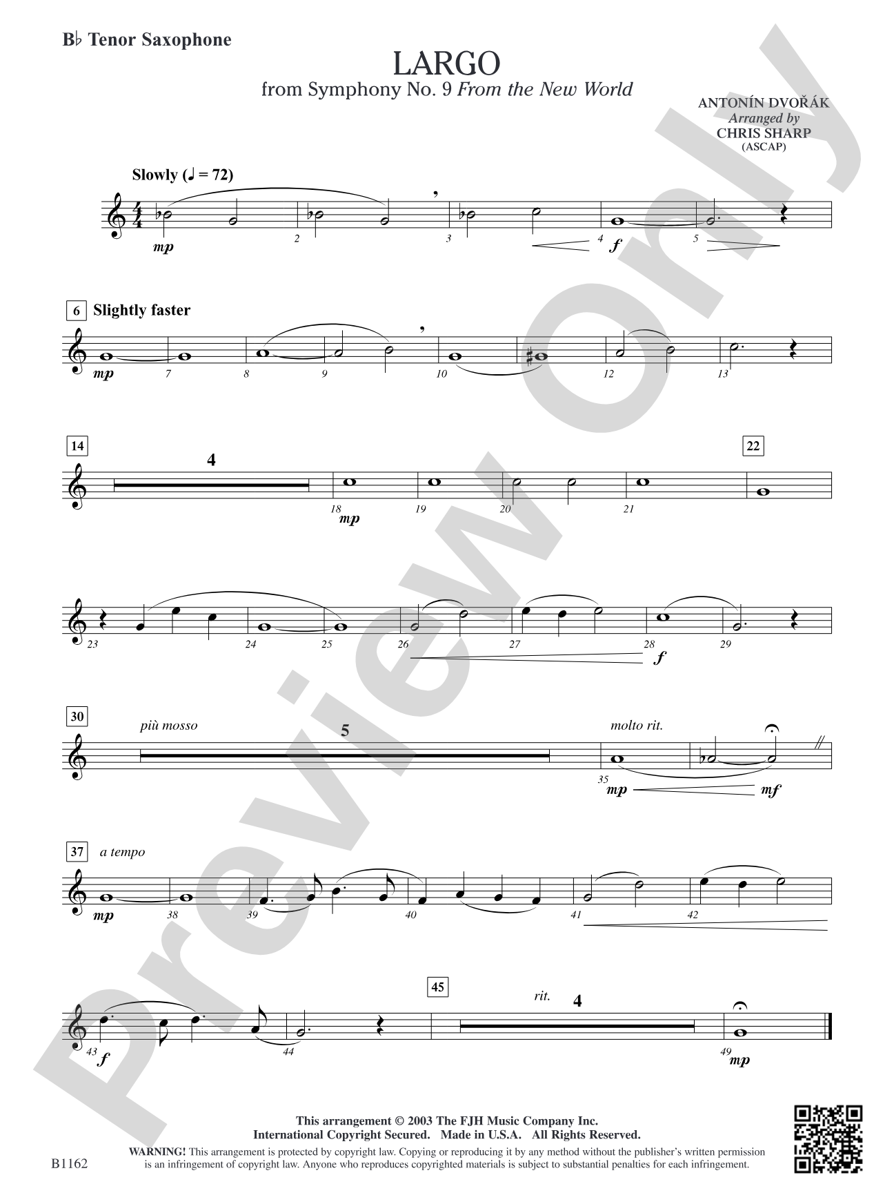 Largo from Symphony No. 9: B-flat Tenor Saxophone