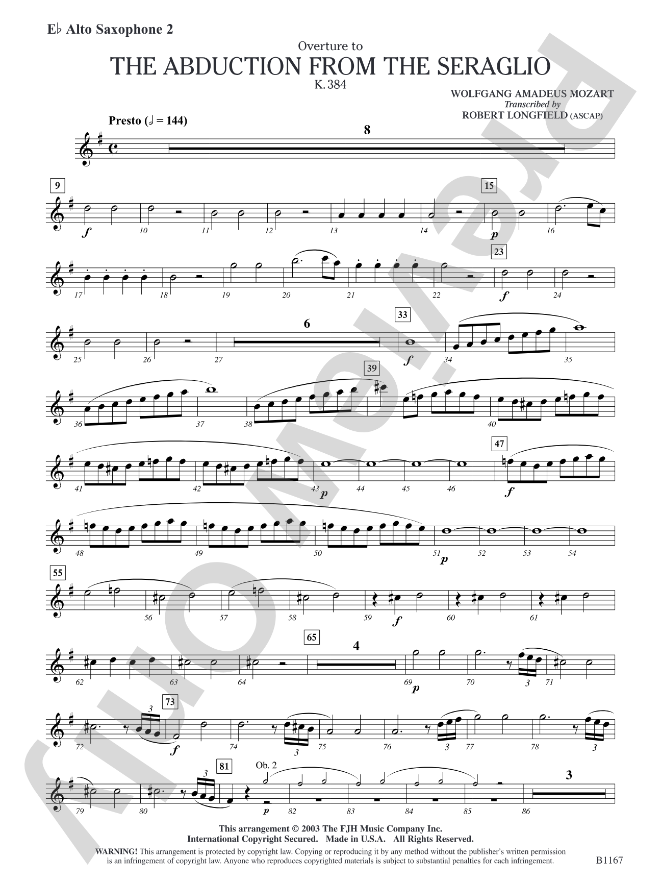The Abduction from the Seraglio K. 384 (Overture): E-flat Alto Saxophone 2