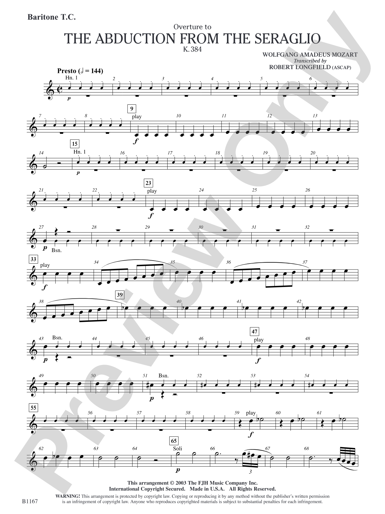 The Abduction from the Seraglio K. 384 (Overture): Baritone T.C.