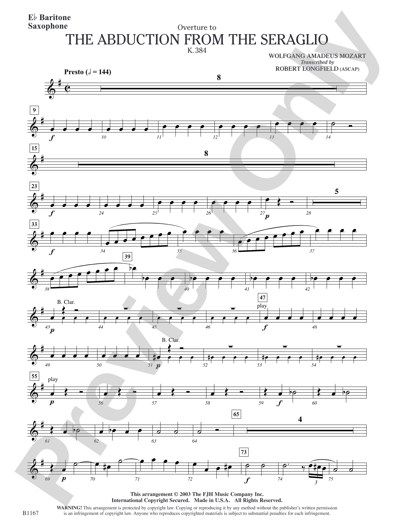 The Abduction from the Seraglio K. 384 (Overture): E-flat Baritone Saxophone
