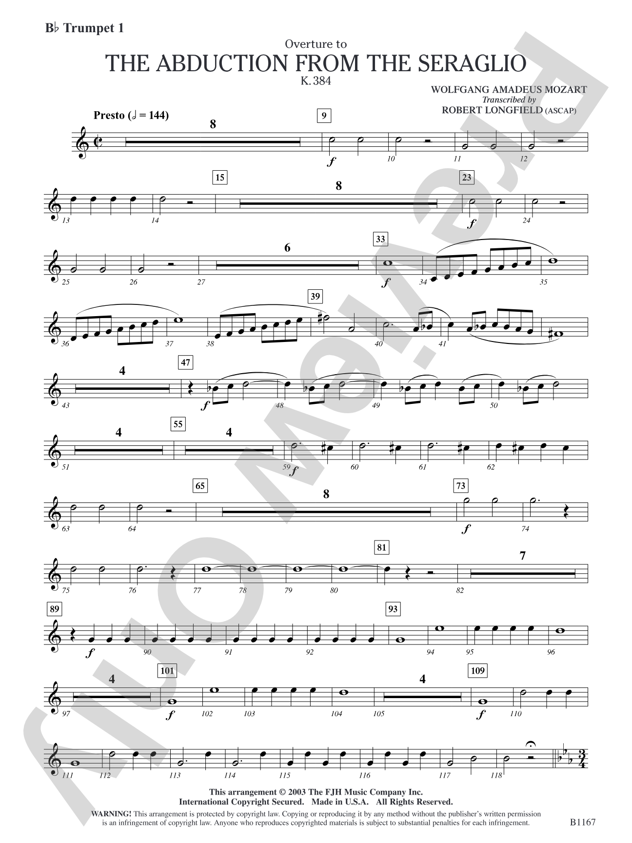 The Abduction from the Seraglio K. 384 (Overture): B-flat Trumpet 1