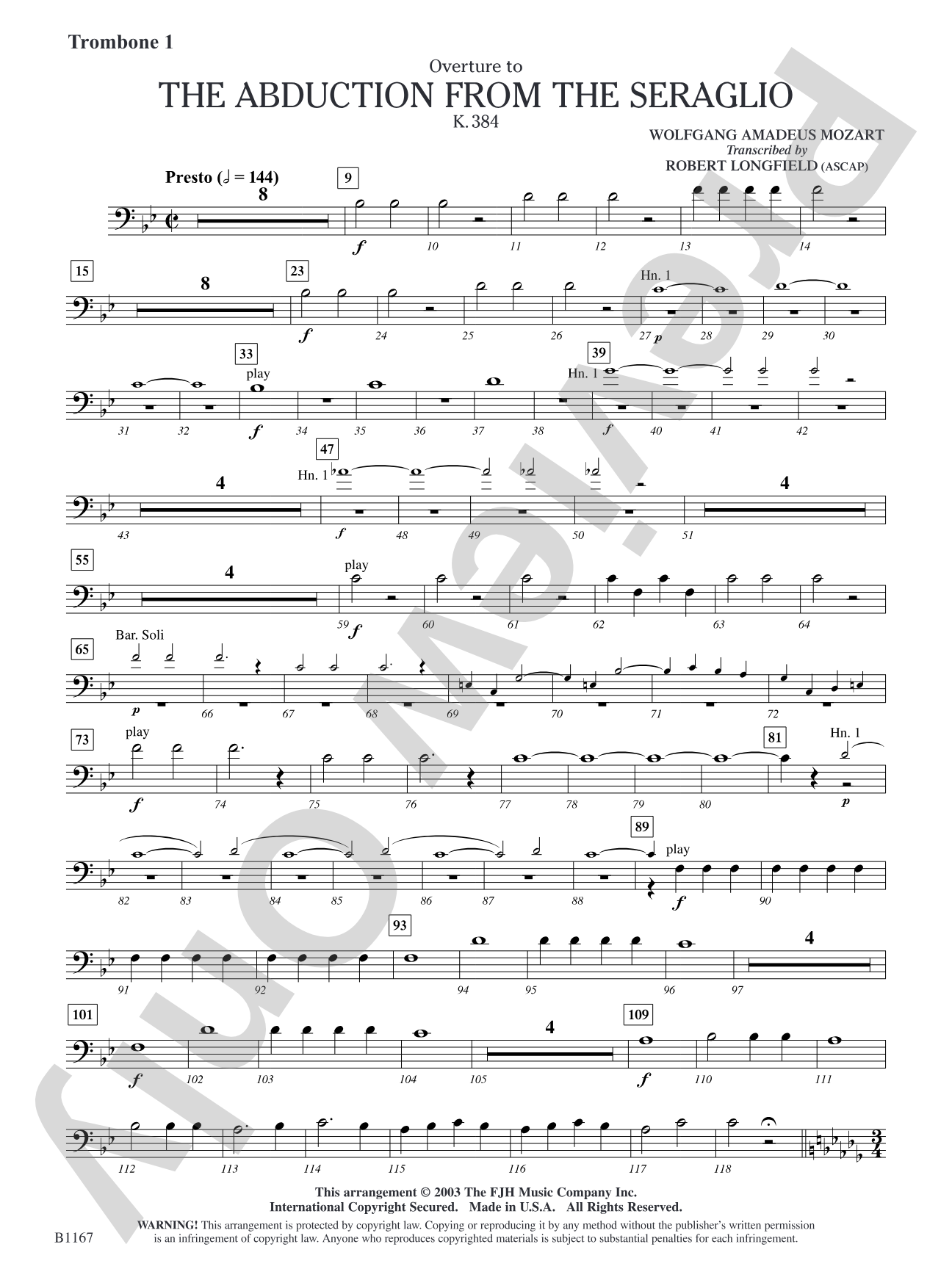The Abduction from the Seraglio K. 384 (Overture): Trombone 1