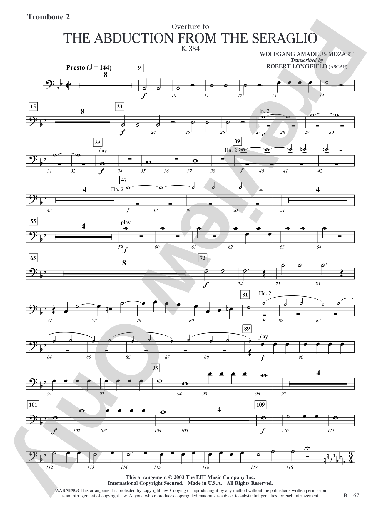 The Abduction from the Seraglio K. 384 (Overture): Trombone 2