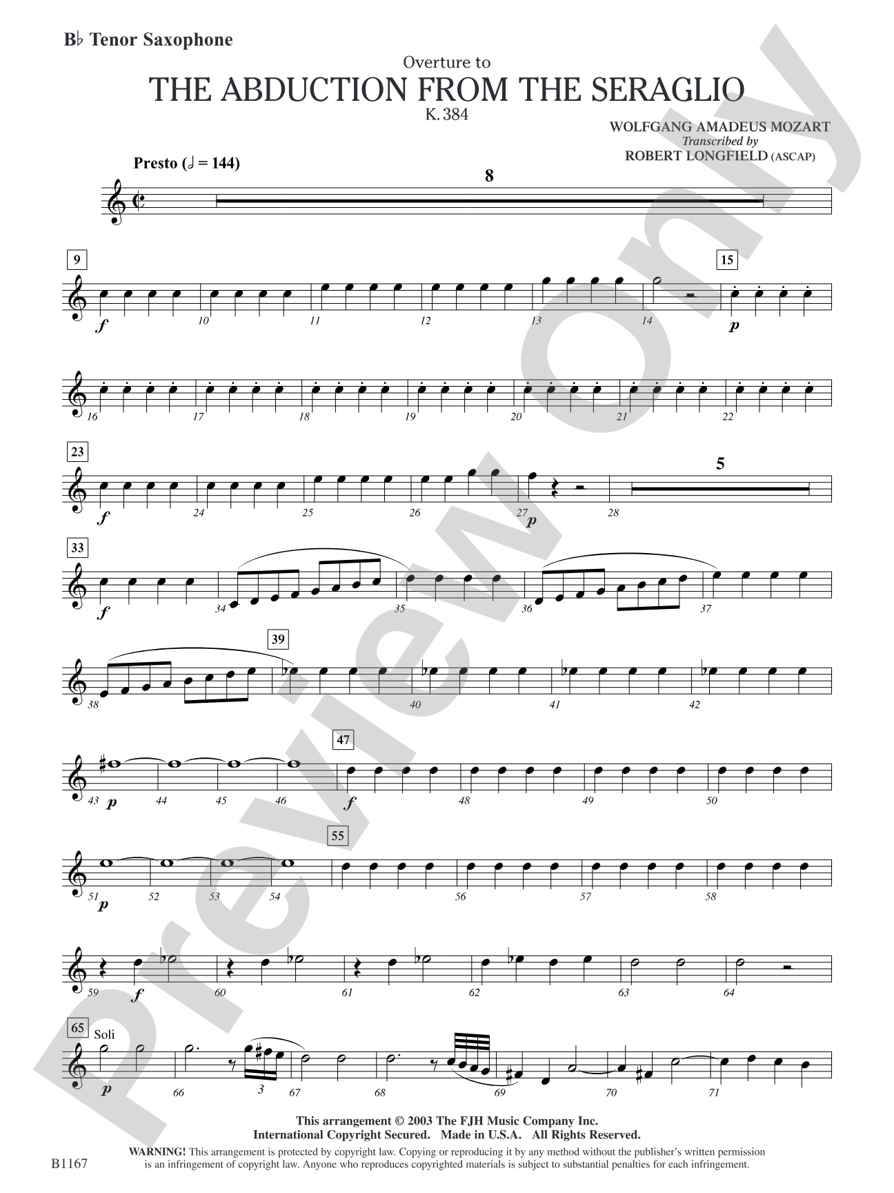 The Abduction from the Seraglio K. 384 (Overture): B-flat Tenor Saxophone