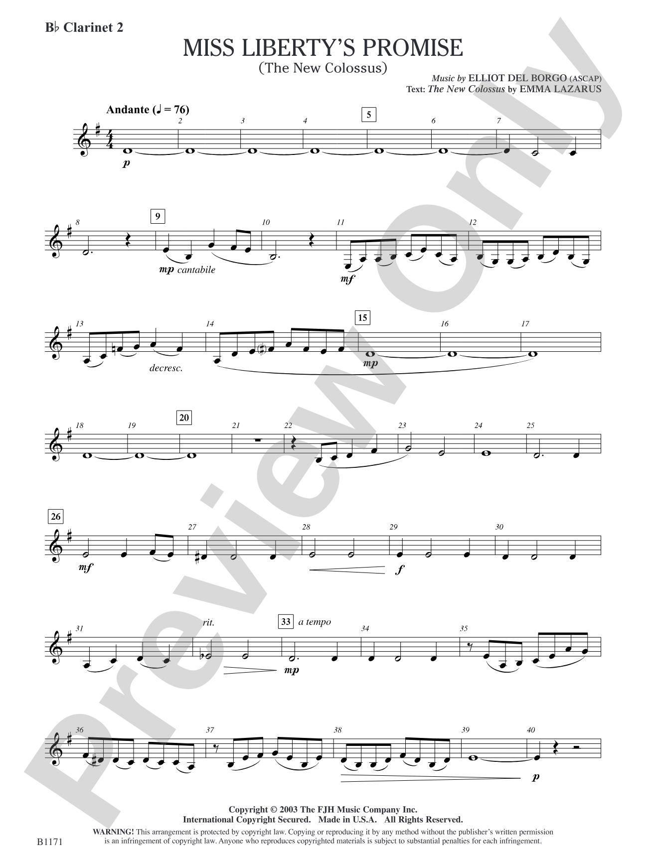 Miss Liberty's Promise (The New Colossus): B-flat Clarinet 2