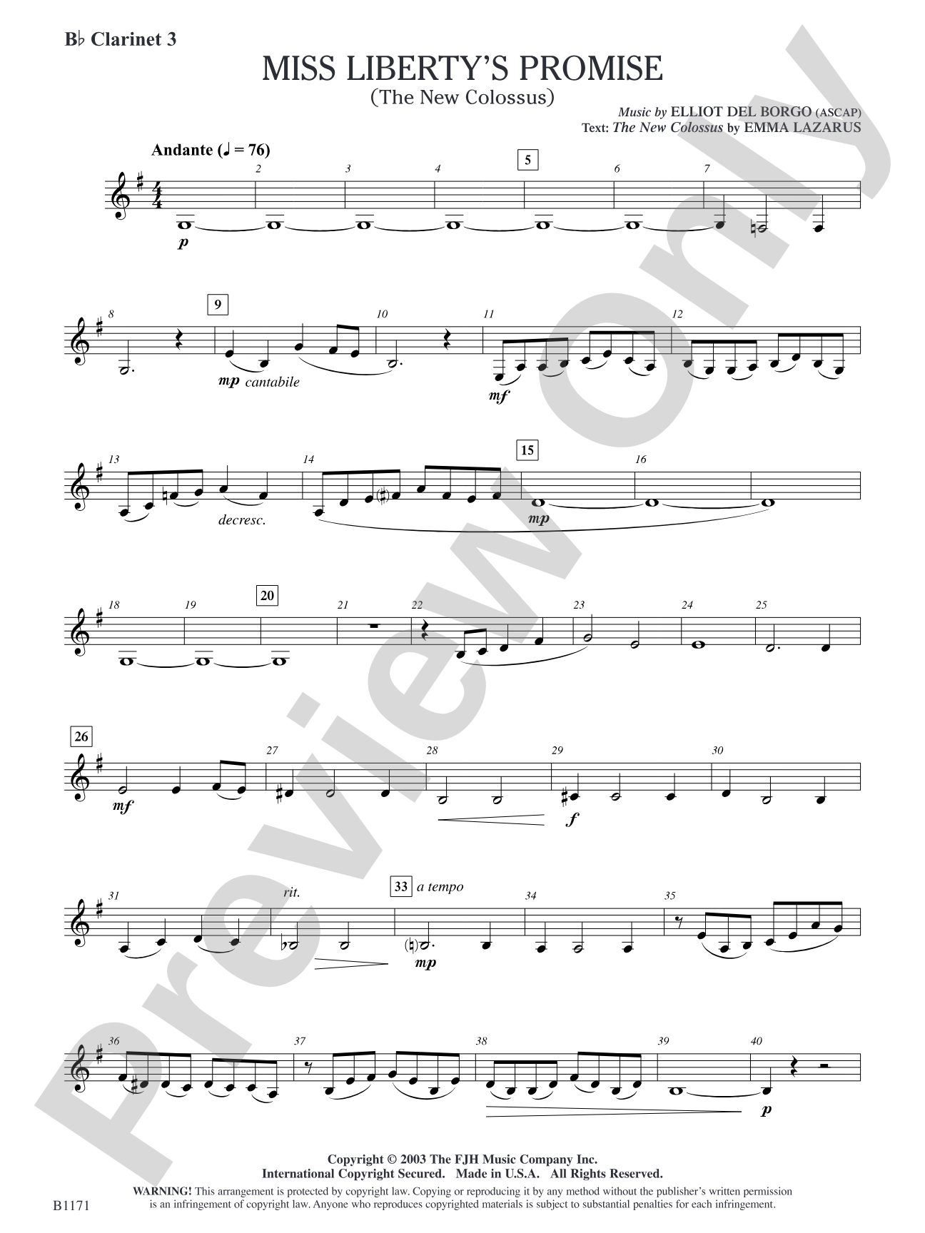 Miss Liberty's Promise (The New Colossus): B-flat Clarinet 3