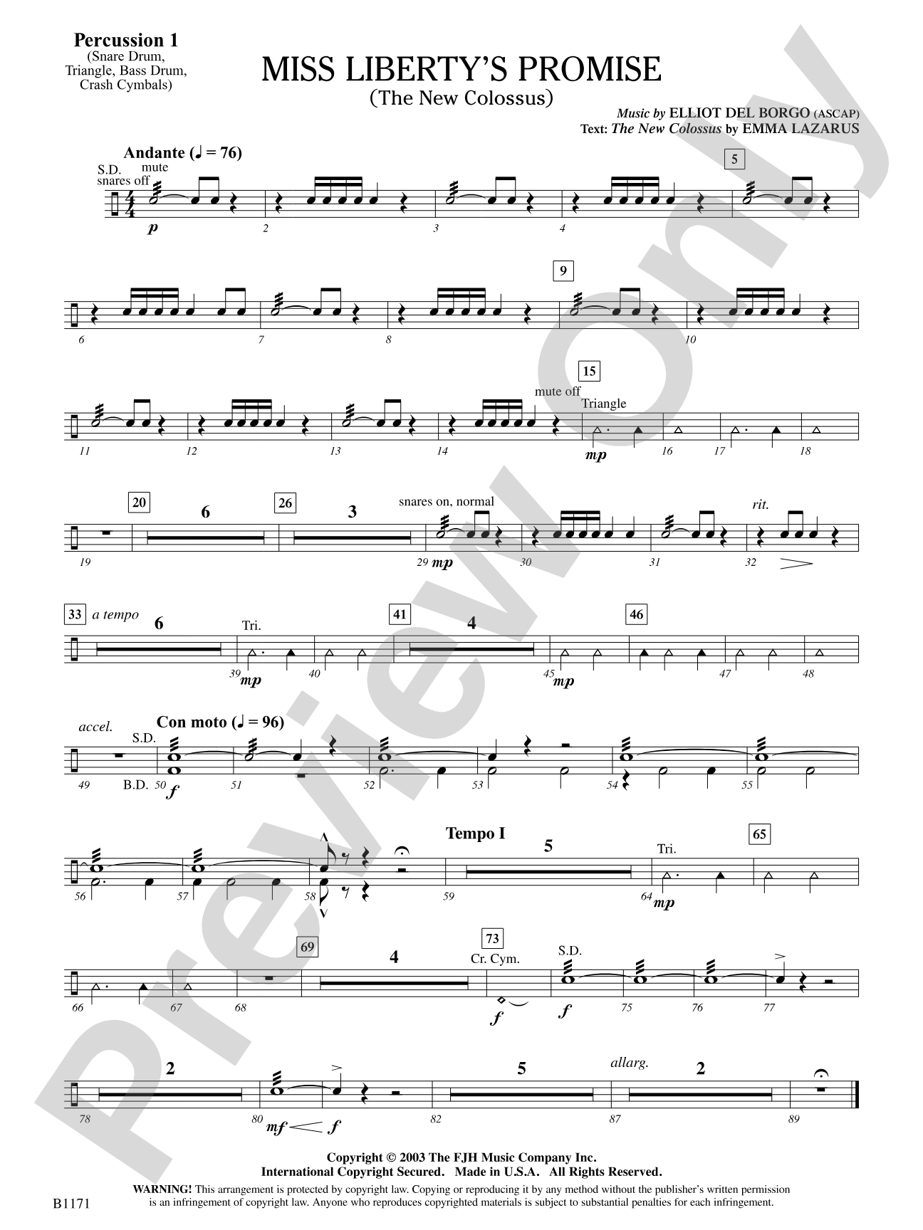 Miss Liberty's Promise (The New Colossus): Percussion 1