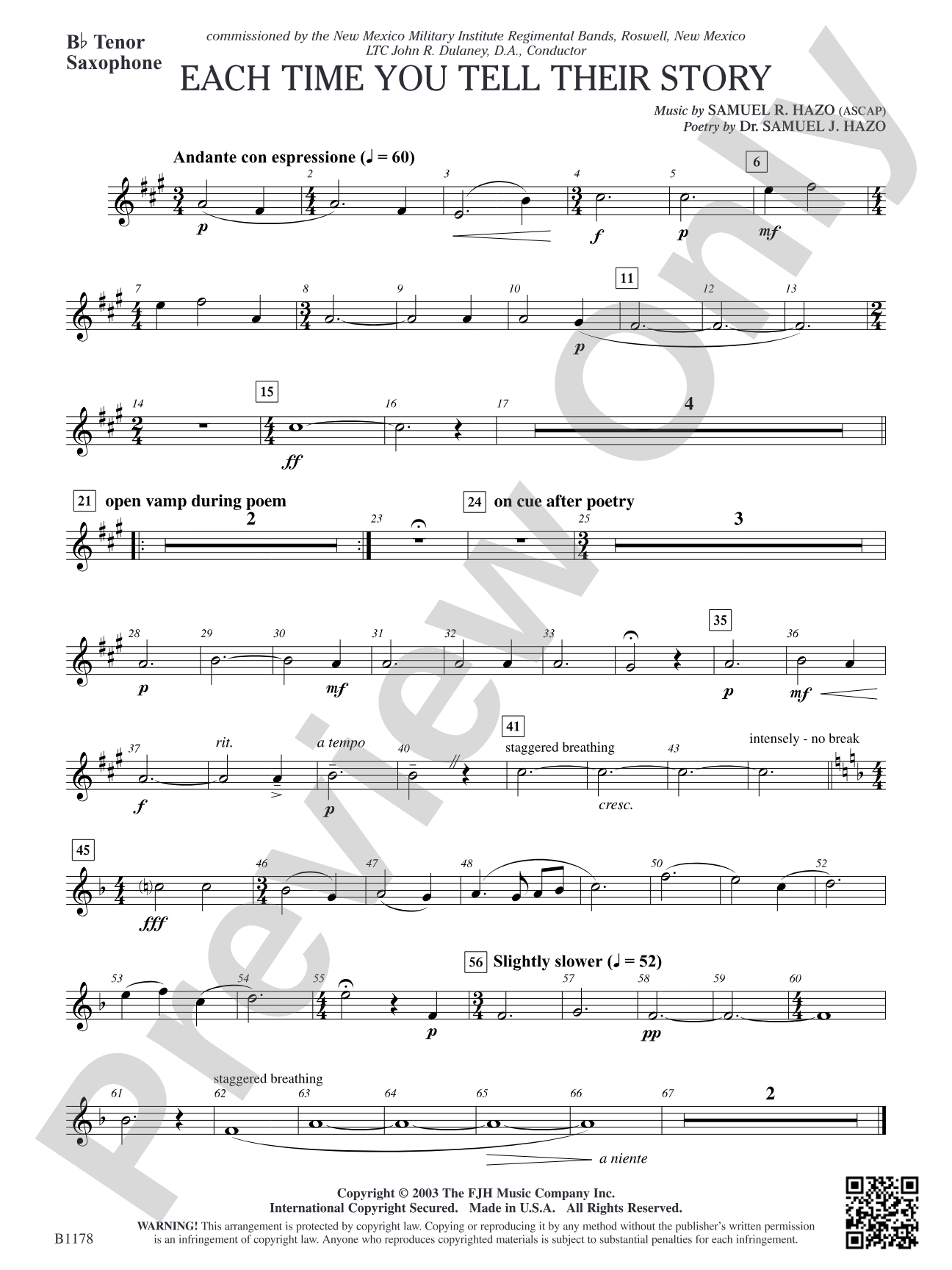 Each Time You Tell Their Story: B-flat Tenor Saxophone