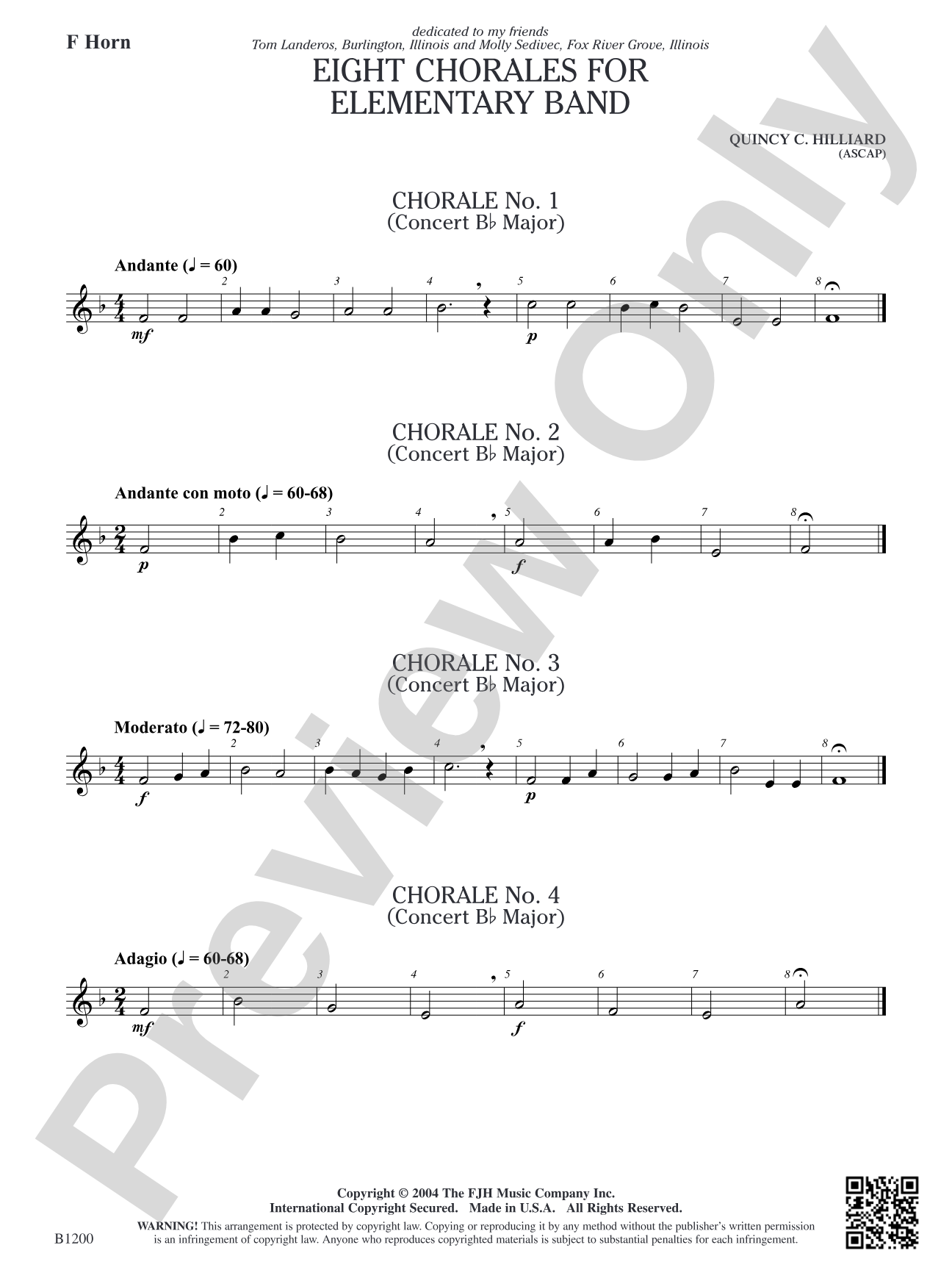 Eight Chorales for Elementary Band: F Horn