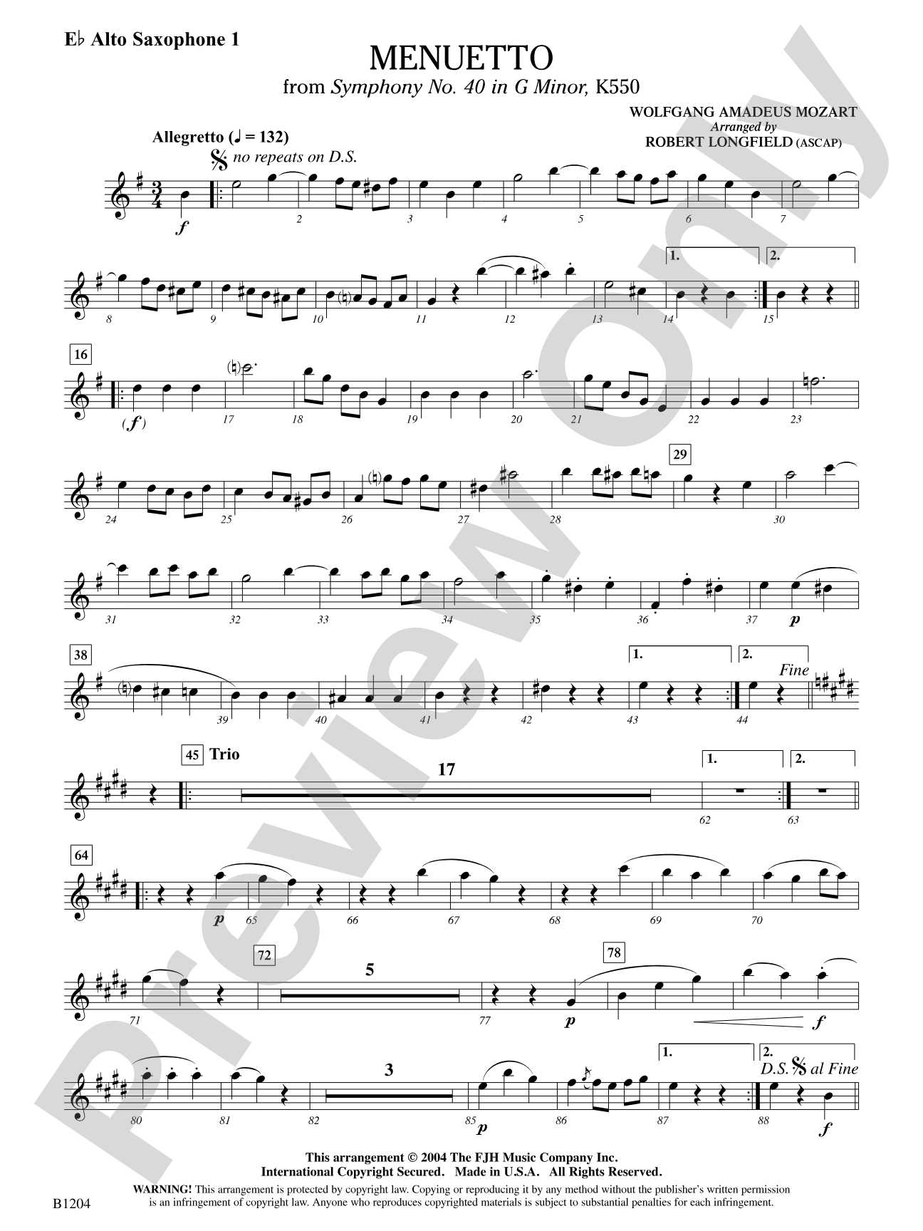 Menuetto (from Symphony No. 40 in G Minor, K 500): E-flat Alto Saxophone 1