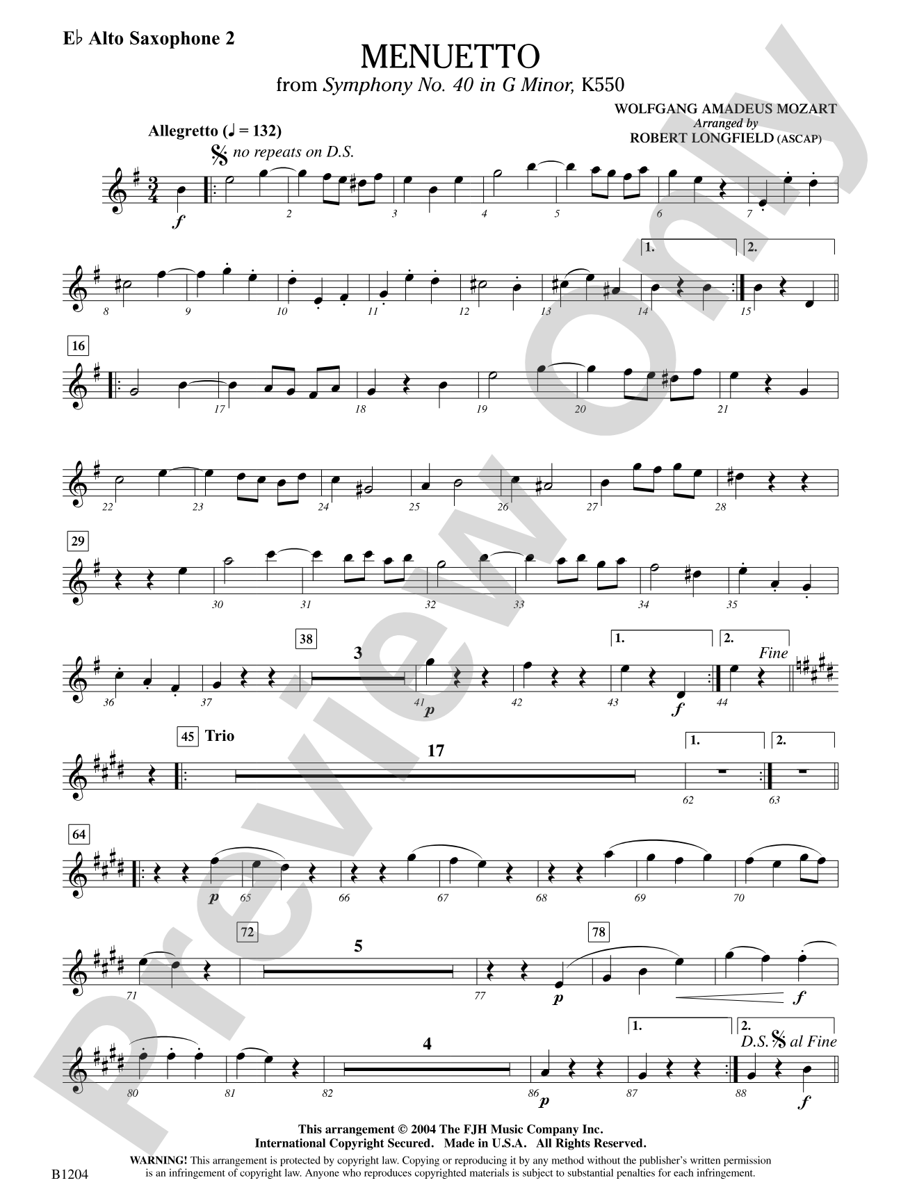 Menuetto (from Symphony No. 40 in G Minor, K 500): E-flat Alto Saxophone 2