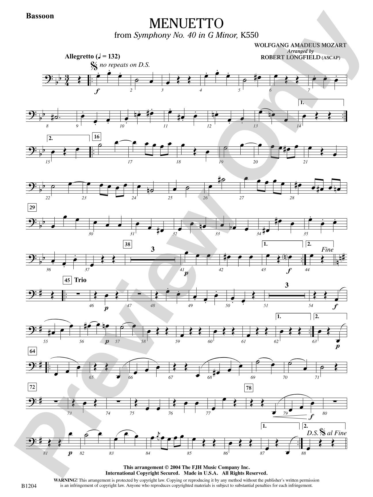 Menuetto (from Symphony No. 40 in G Minor, K 500): Bassoon