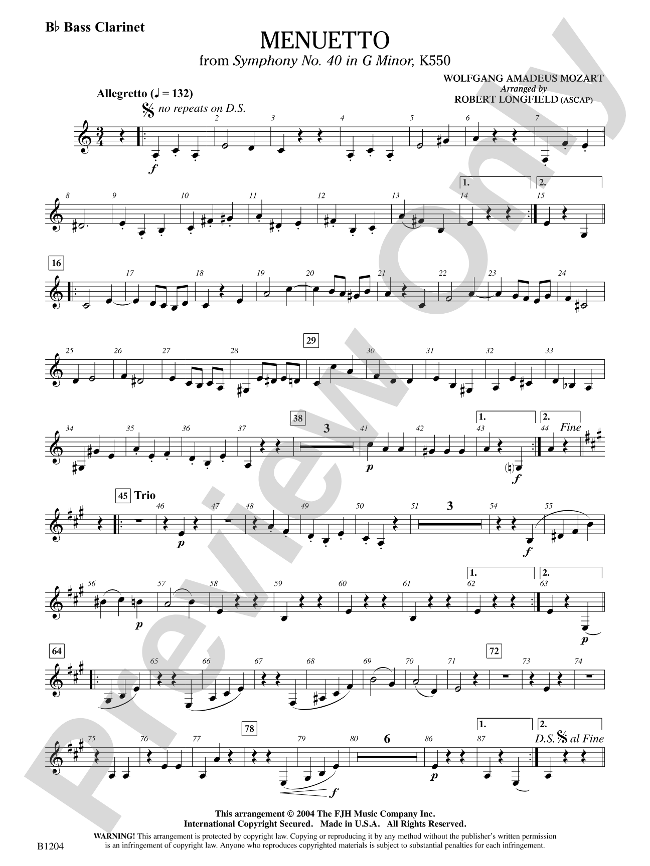 Menuetto (from Symphony No. 40 in G Minor, K 500): B-flat Bass Clarinet