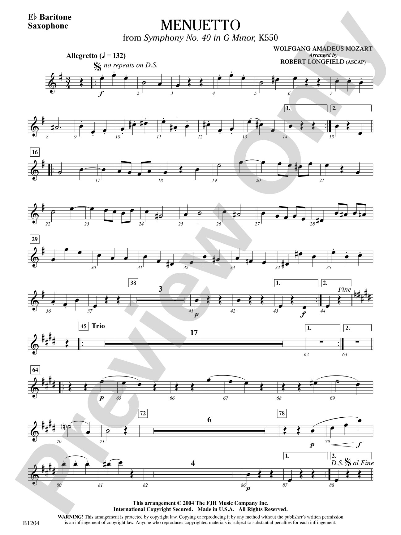 Menuetto (from Symphony No. 40 in G Minor, K 500): E-flat Baritone Saxophone