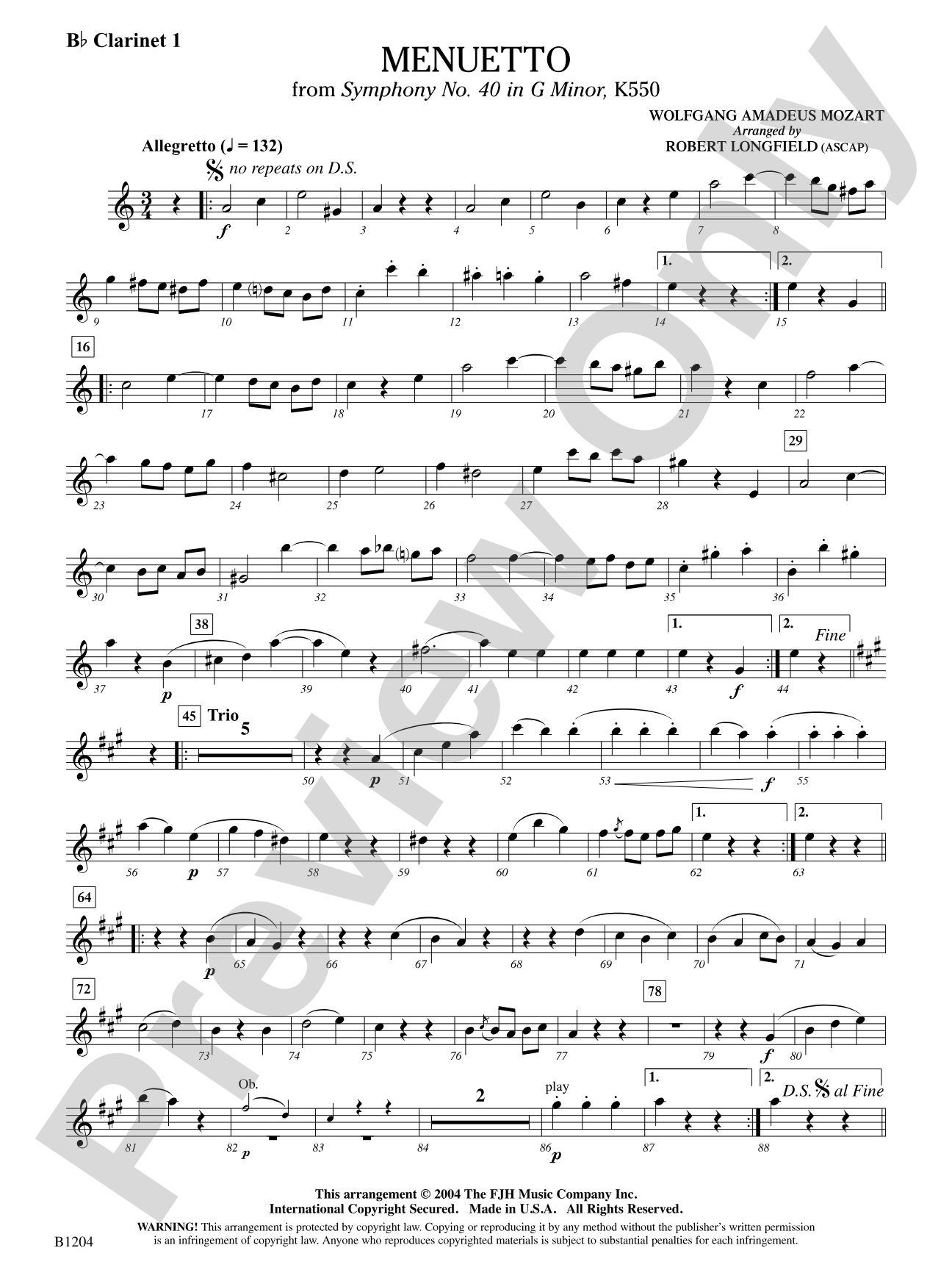 Menuetto (from Symphony No. 40 in G Minor, K 500): B-flat Clarinet 1