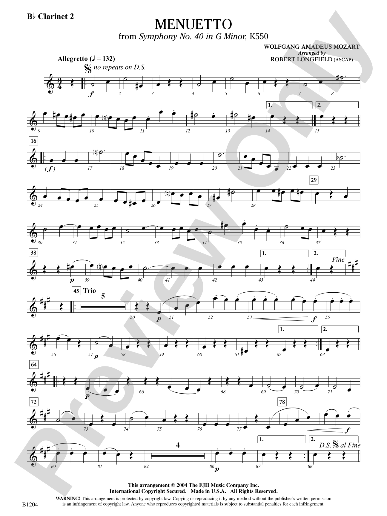 Menuetto (from Symphony No. 40 in G Minor, K 500): B-flat Clarinet 2