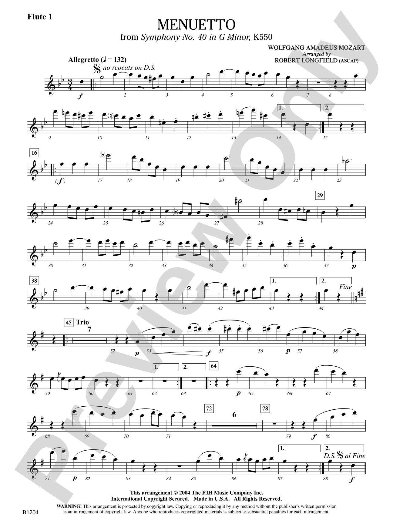 Menuetto (from Symphony No. 40 in G Minor, K 500): Flute 1