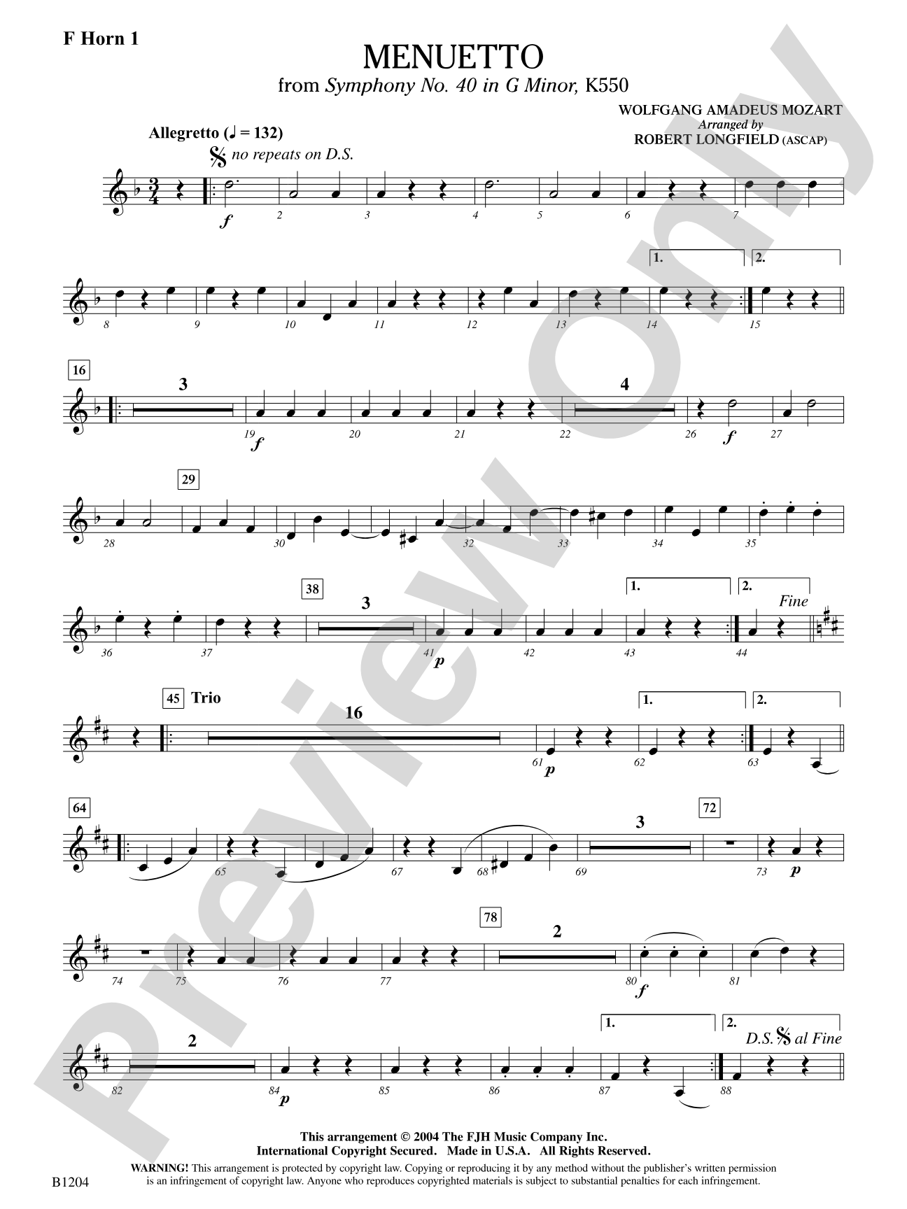 Menuetto (from Symphony No. 40 in G Minor, K 500): F Horn 1