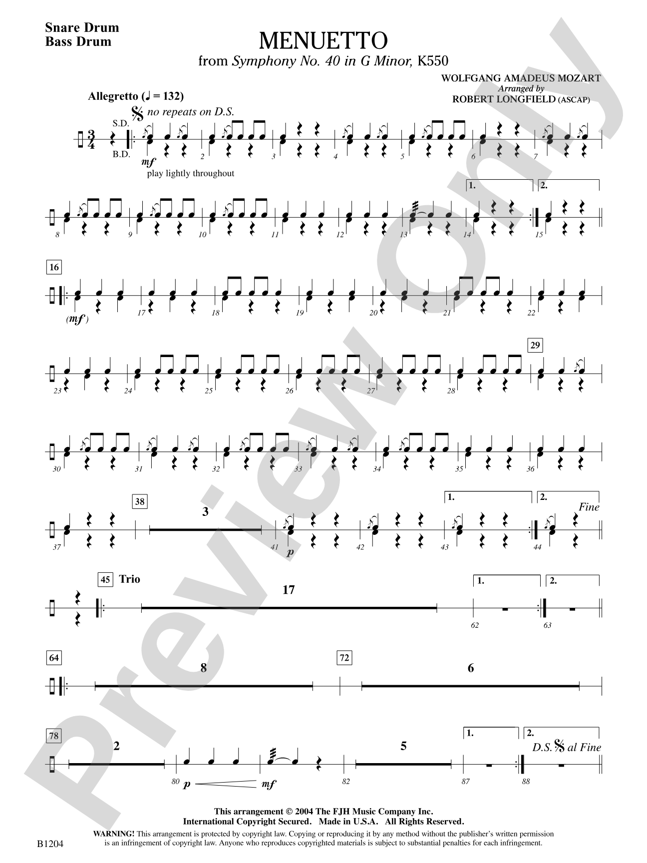 Menuetto (from Symphony No. 40 in G Minor, K 500): Snare Drum/Bass Drum