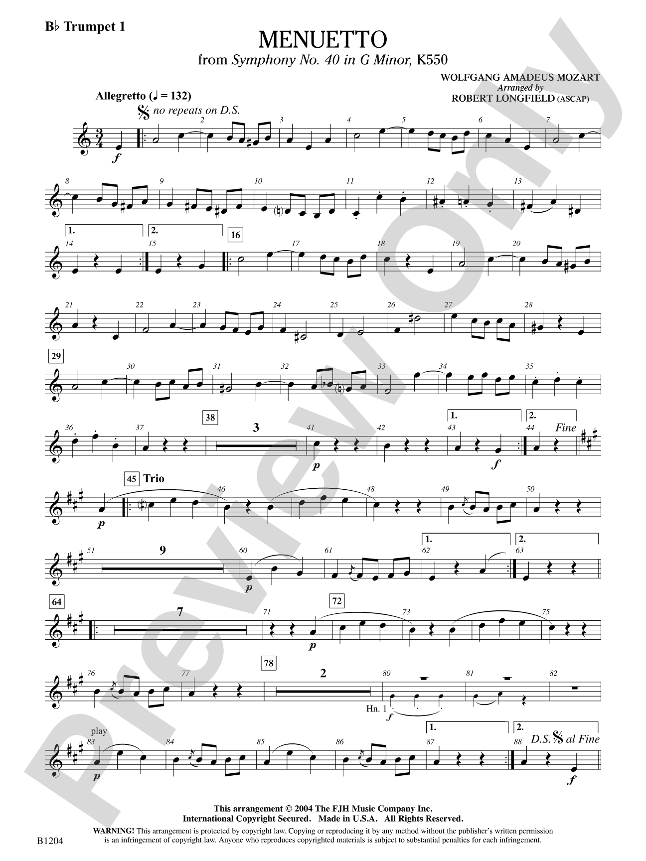 Menuetto (from Symphony No. 40 in G Minor, K 500): B-flat Trumpet 1