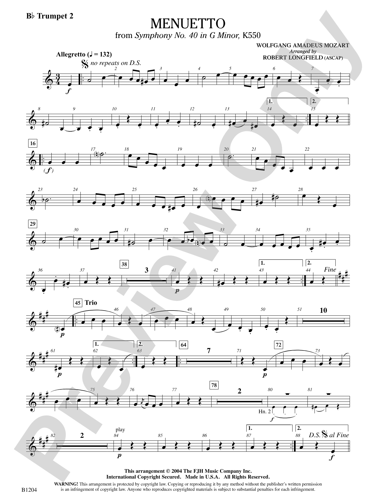 Menuetto (from Symphony No. 40 in G Minor, K 500): B-flat Trumpet 2