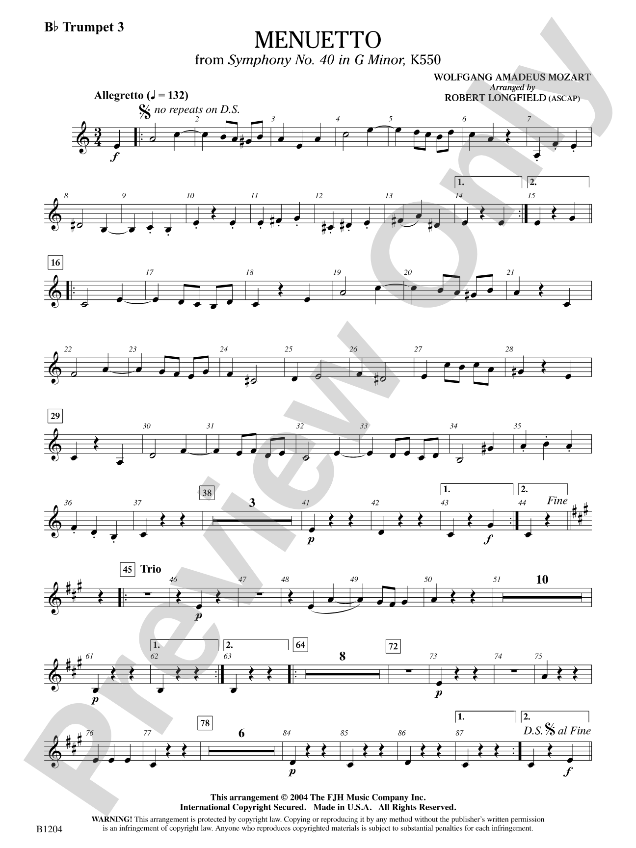 Menuetto (from Symphony No. 40 in G Minor, K 500): B-flat Trumpet 3