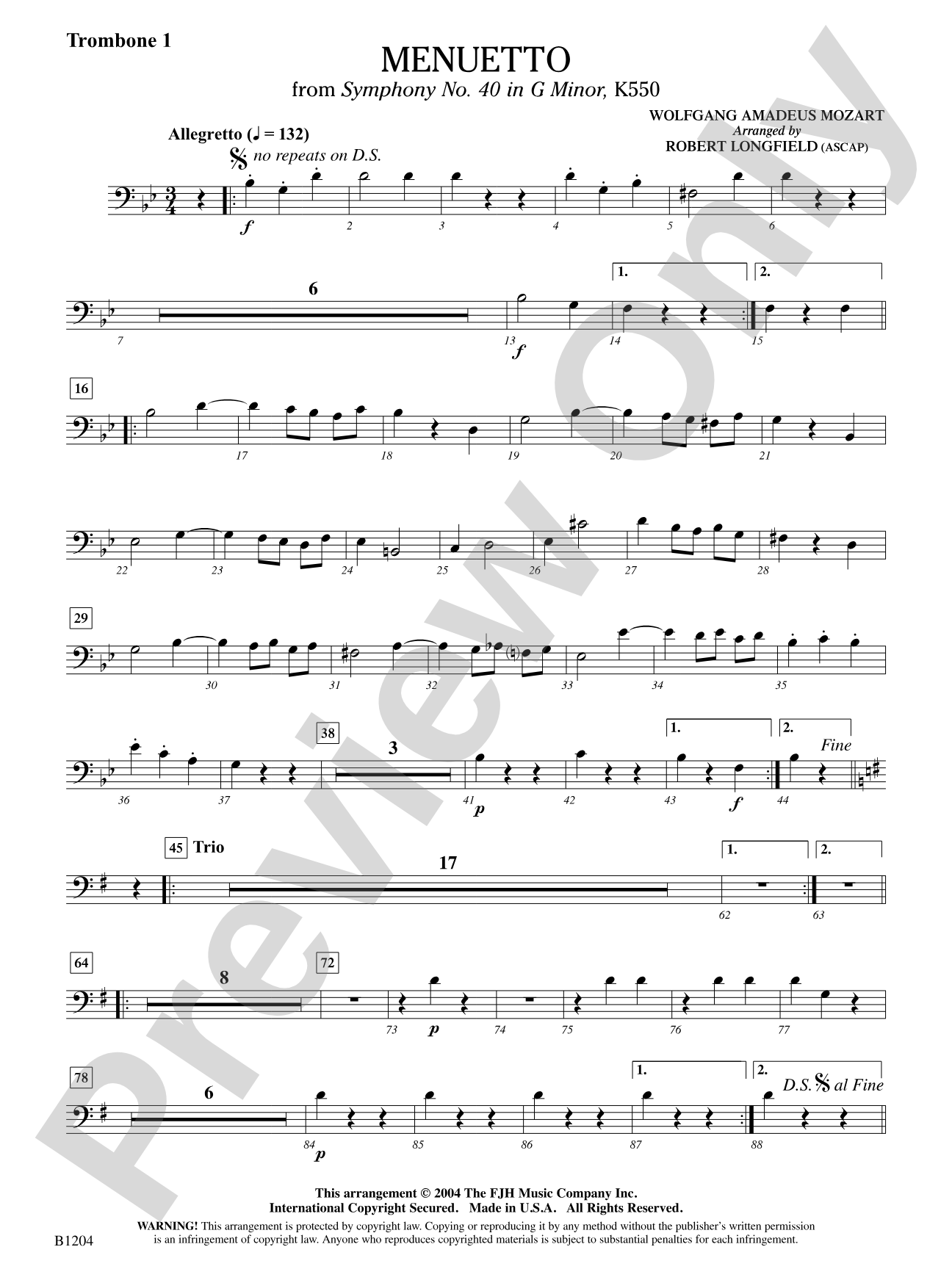 Menuetto (from Symphony No. 40 in G Minor, K 500): Trombone 1