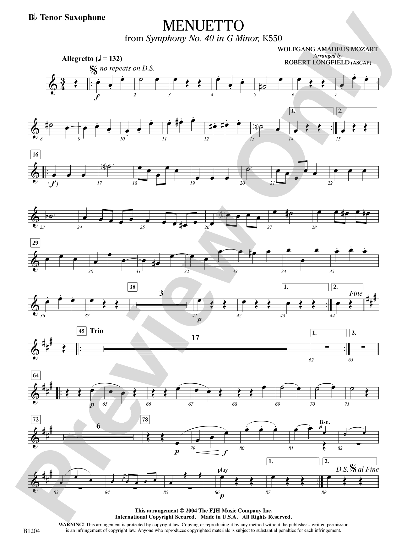 Menuetto (from Symphony No. 40 in G Minor, K 500): B-flat Tenor Saxophone