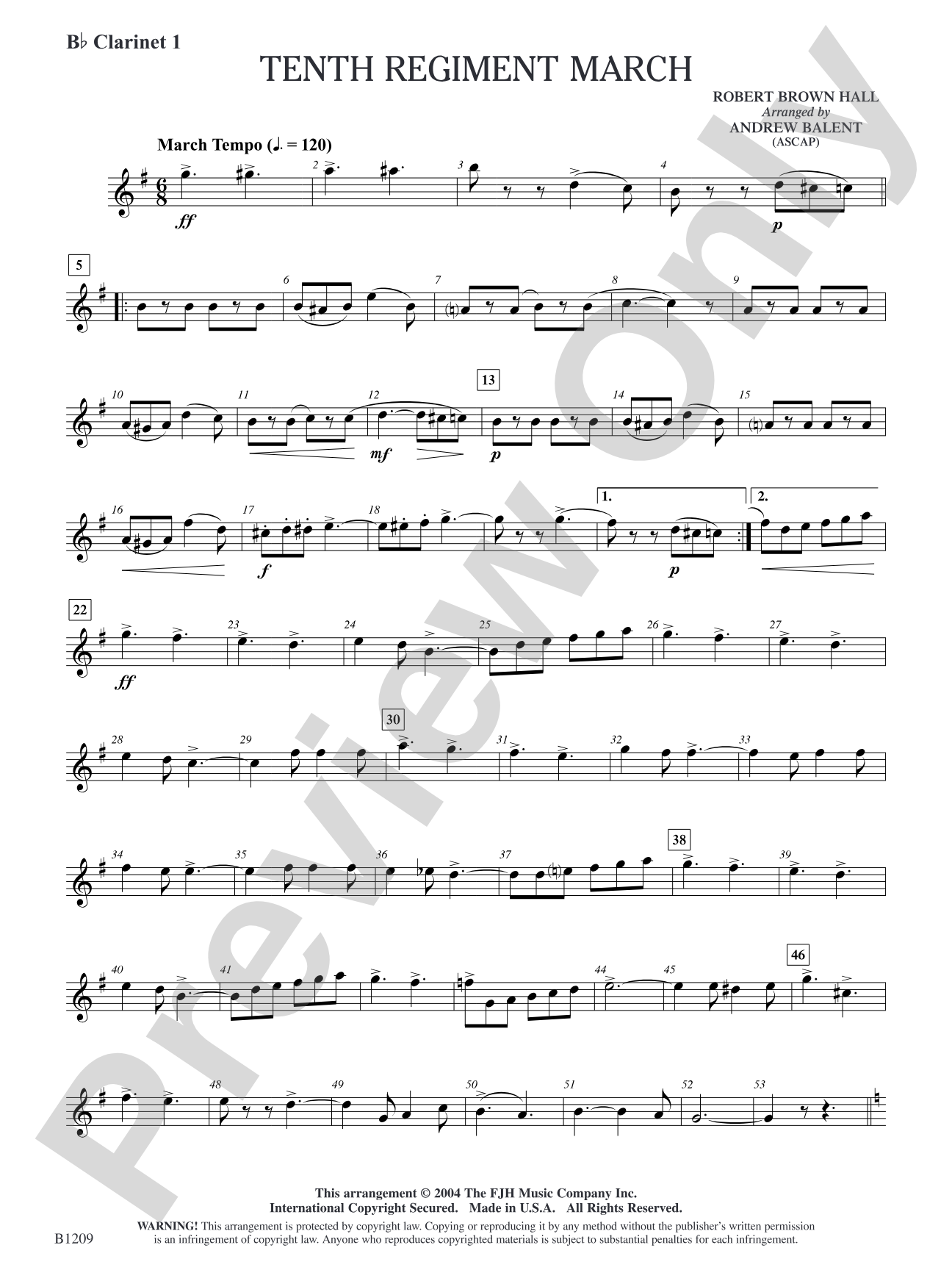 Tenth Regiment March: B-flat Clarinet 1