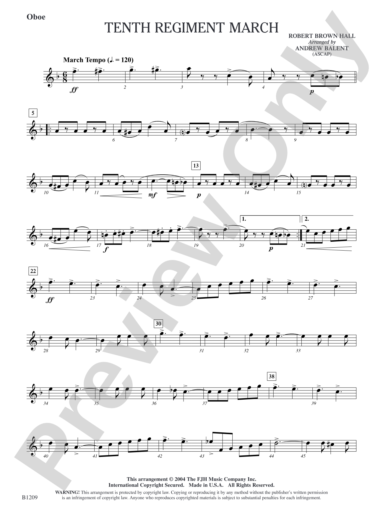 Tenth Regiment March: Oboe
