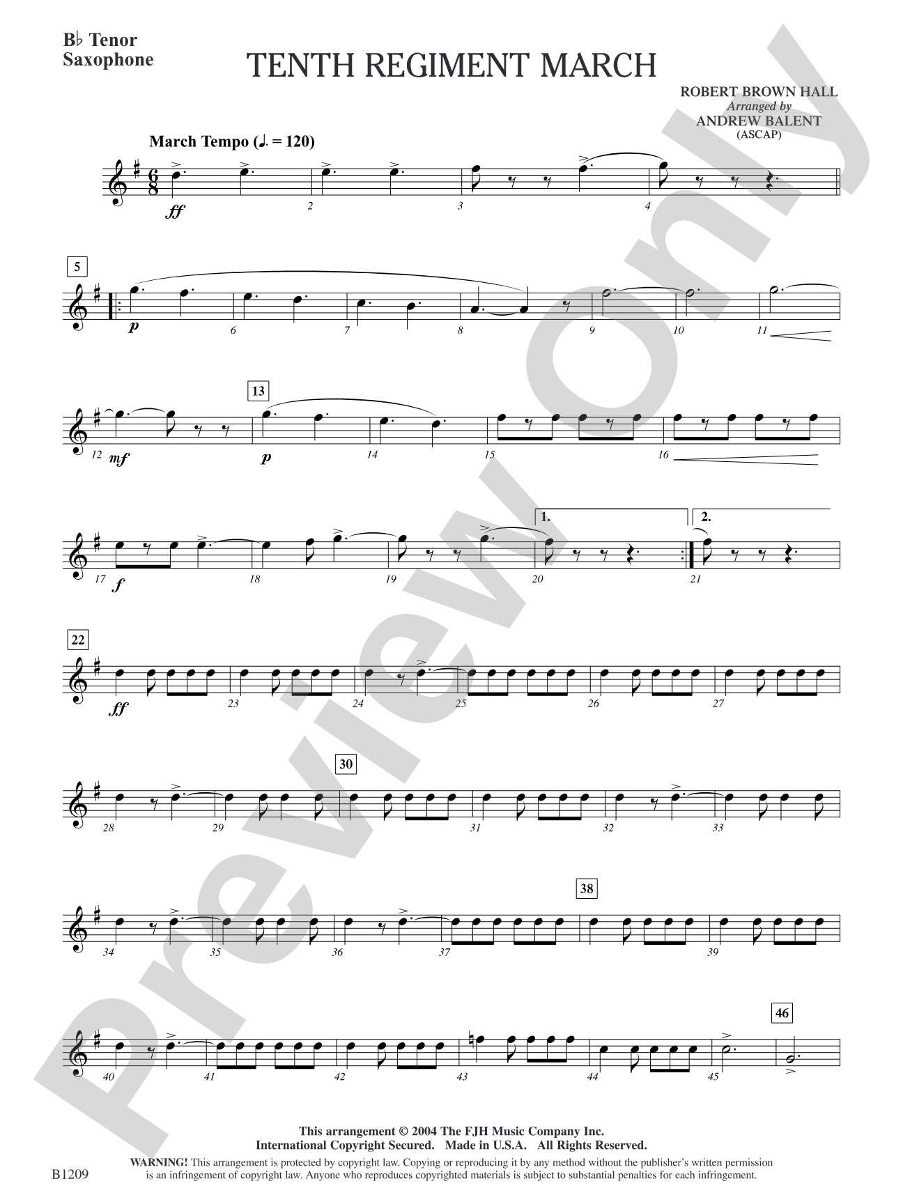 Tenth Regiment March: B-flat Tenor Saxophone