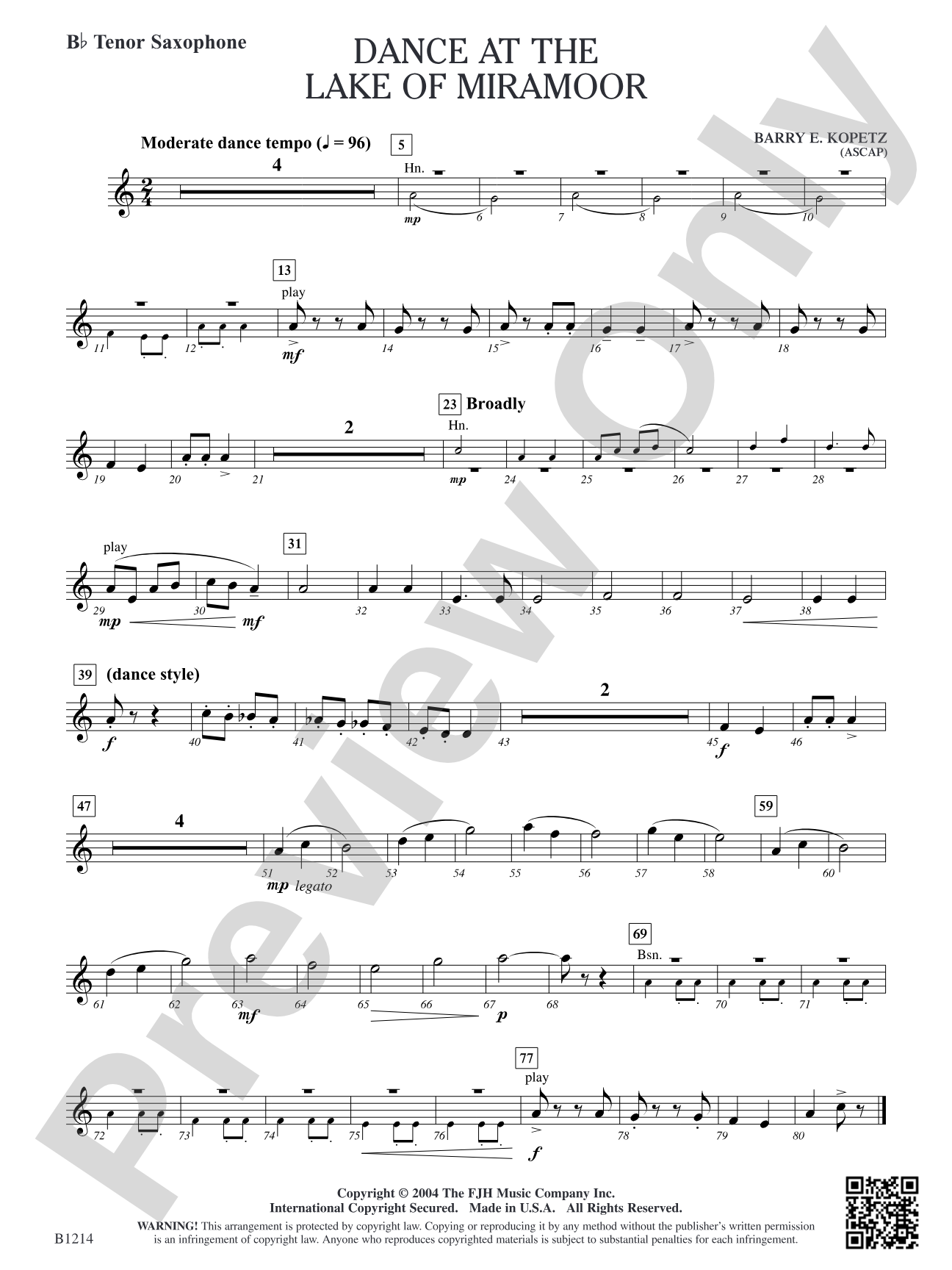 Dance at the Lake of Miramoor: B-flat Tenor Saxophone