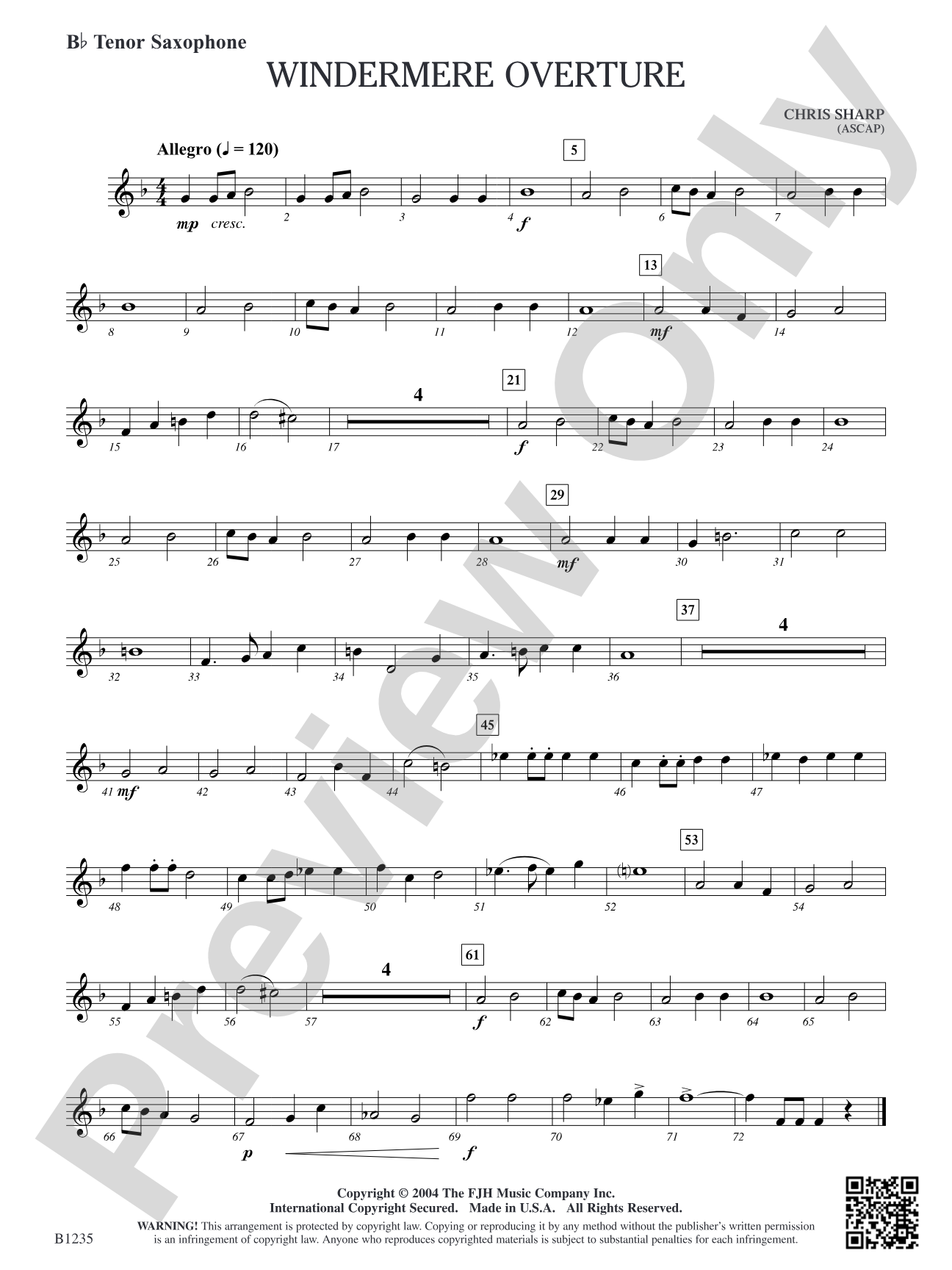 Windermere Overture: B-flat Tenor Saxophone