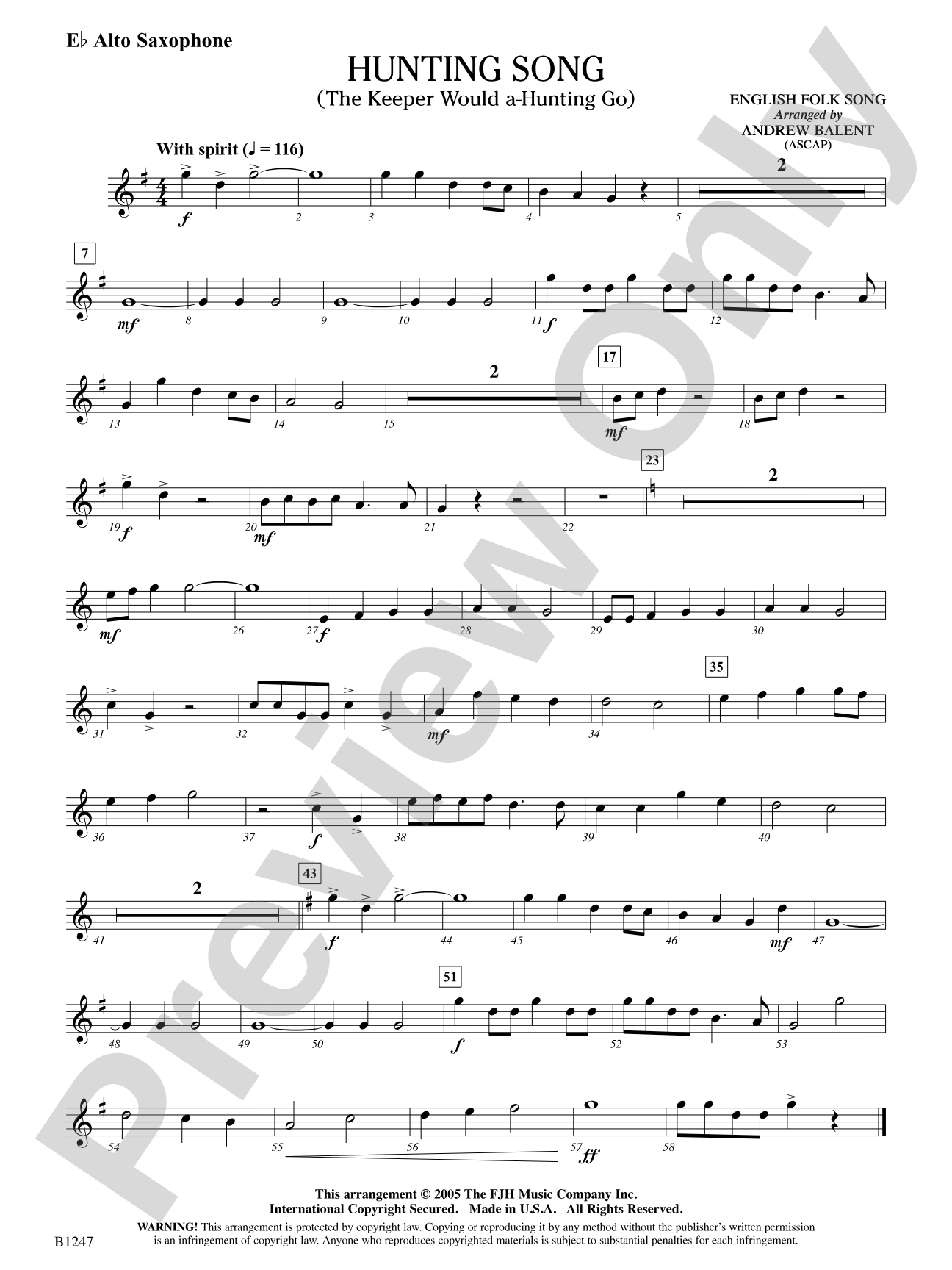 Hunting Song (The Keeper Would A-Hunting Go): E-flat Alto Saxophone