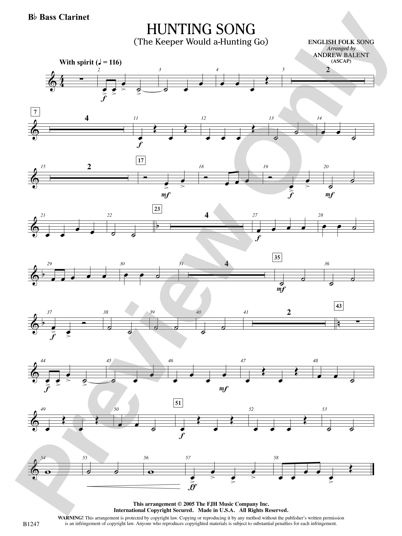 Hunting Song (The Keeper Would A-Hunting Go): B-flat Bass Clarinet