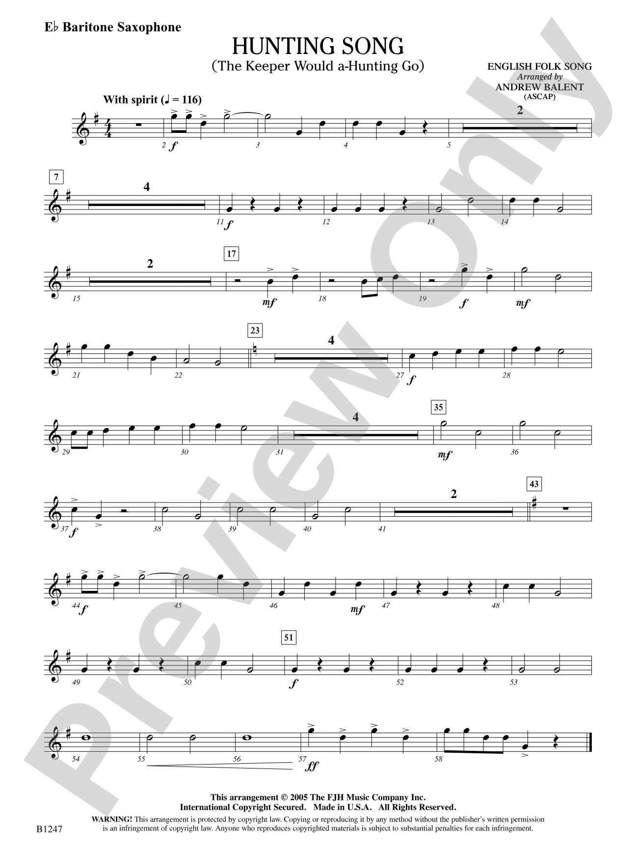 Hunting Song (The Keeper Would A-Hunting Go): E-flat Baritone Saxophone