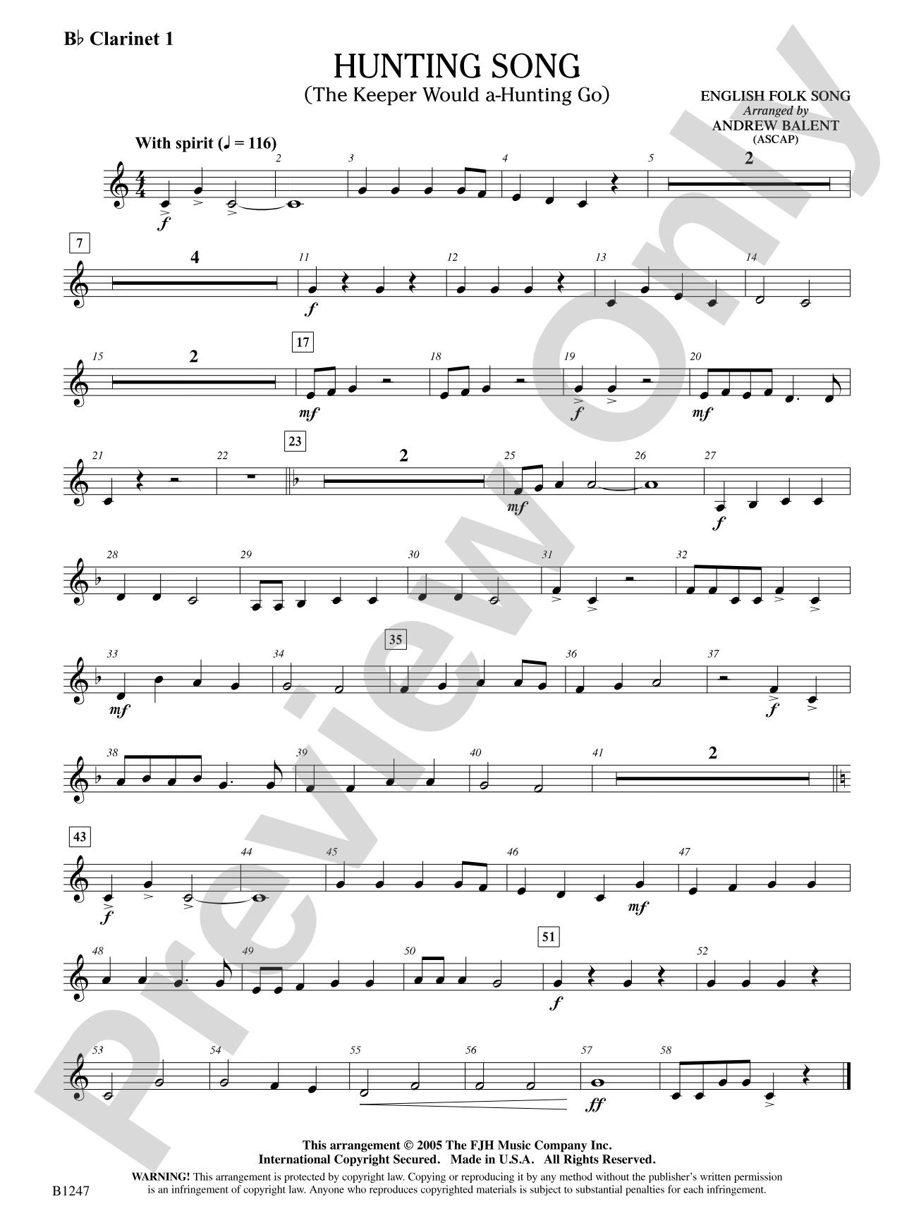 Hunting Song (The Keeper Would A-Hunting Go): B-flat Clarinet 1