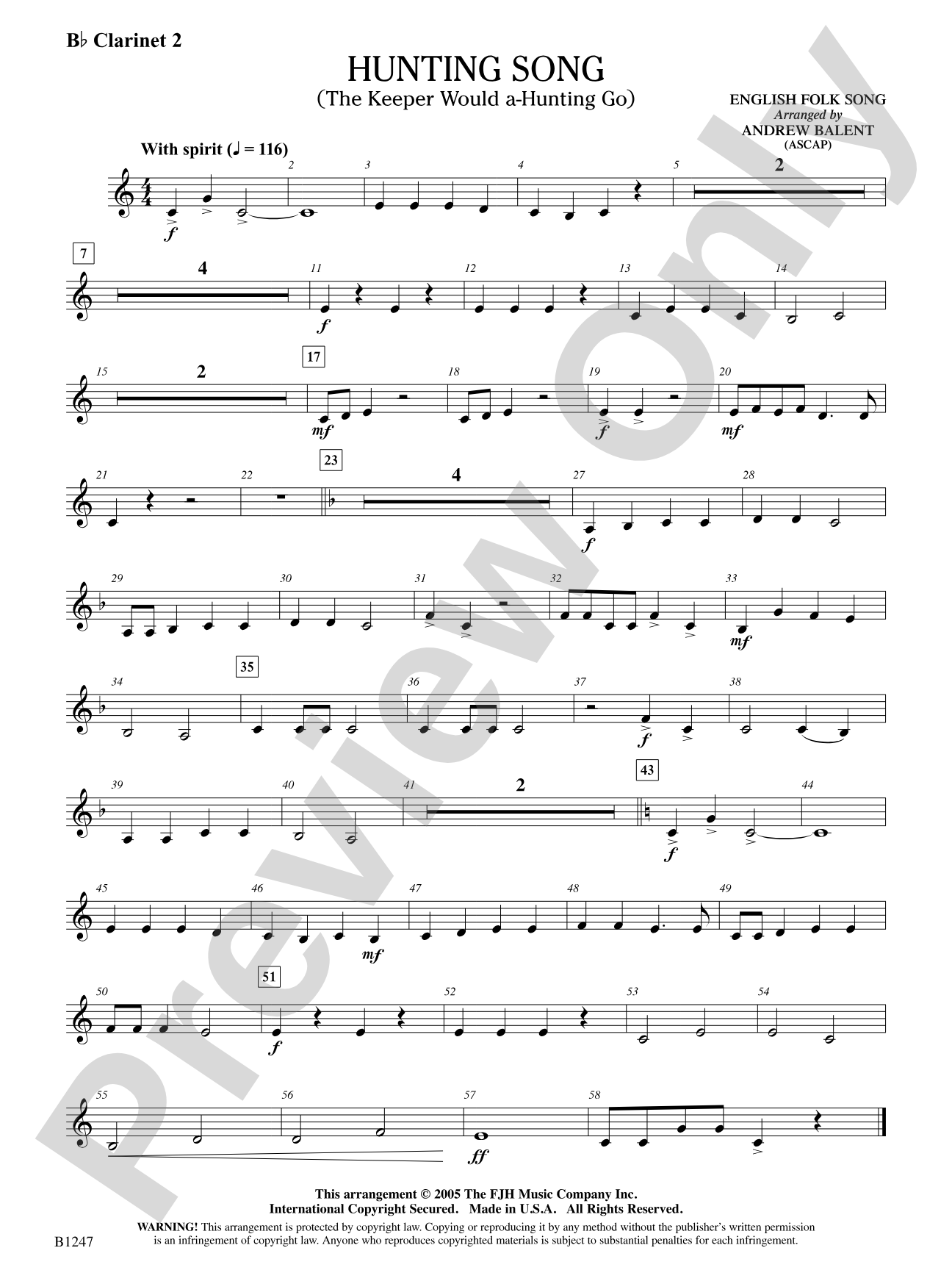 Hunting Song (The Keeper Would A-Hunting Go): B-flat Clarinet 2